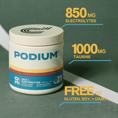 Podium Salt+Electrolytes Tropical Lime packaging shown for gluten-free choice.