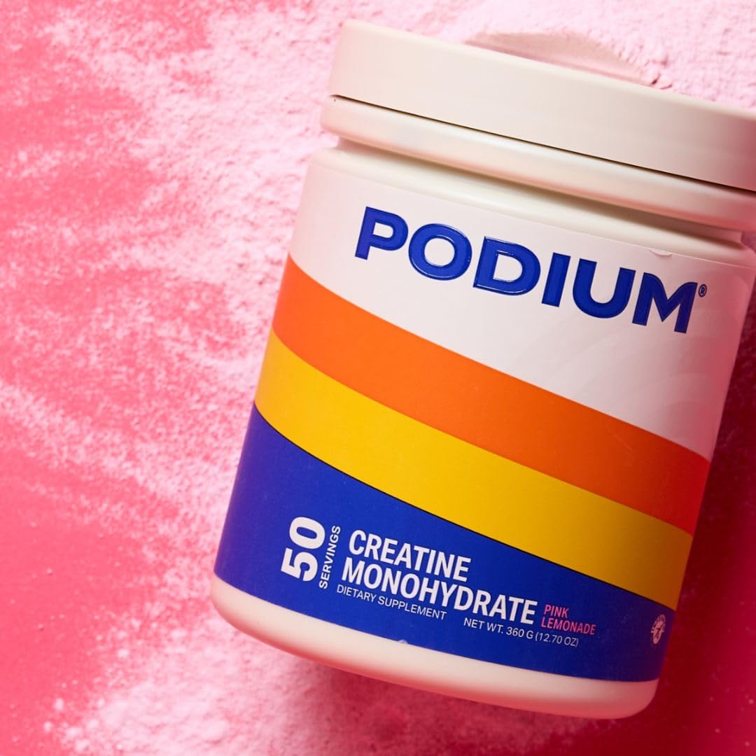 Podium Solos Pink Lemonade label close-up highlighting creatine monohydrate quality.