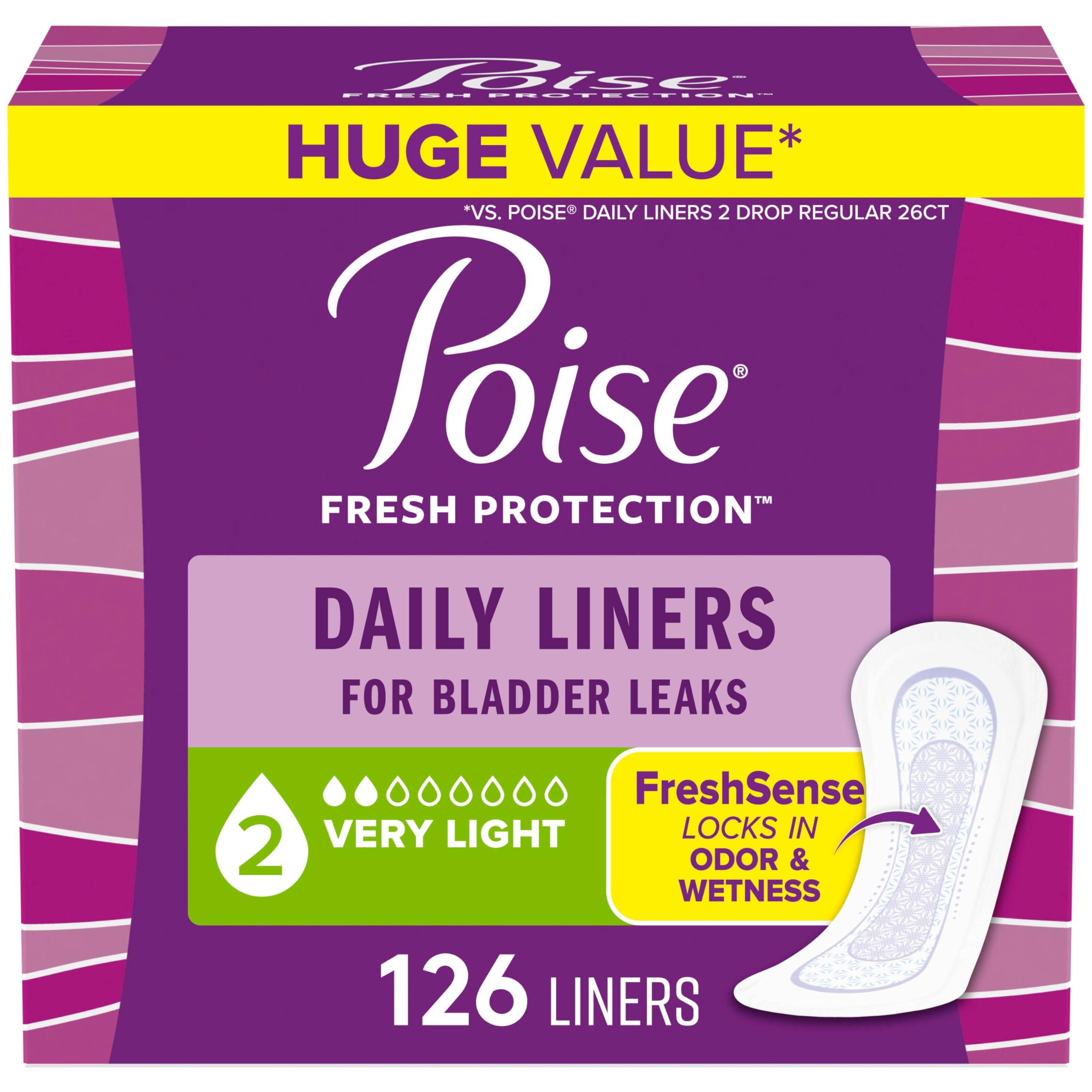 Poise Daily Liners very-light absorbency, regular length, high-coverage protection for daily light leaks.