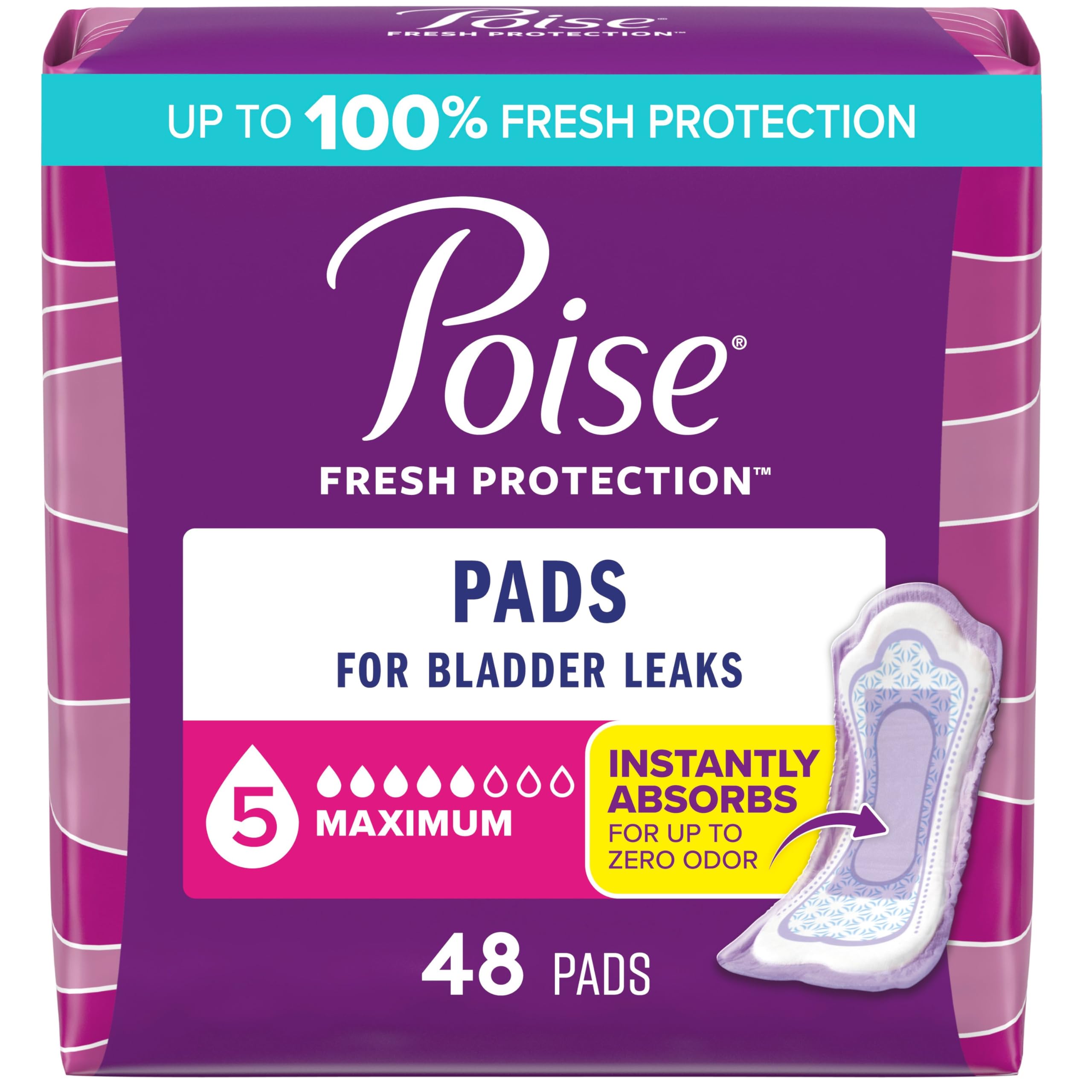 Poise pad packaging shows 48-count box for discreet protection throughout the day