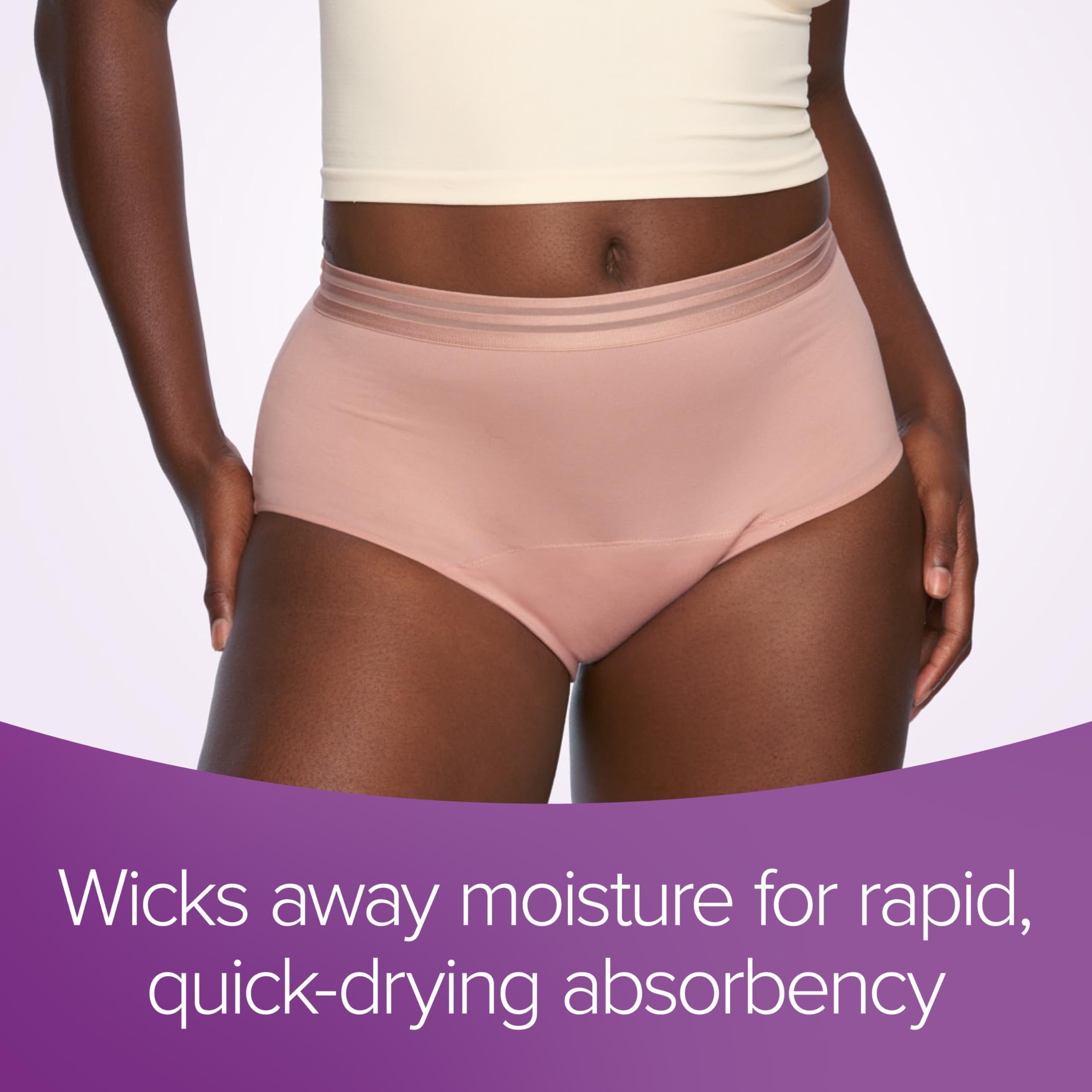 Size range from medium to 1XL shown for Poise underwear