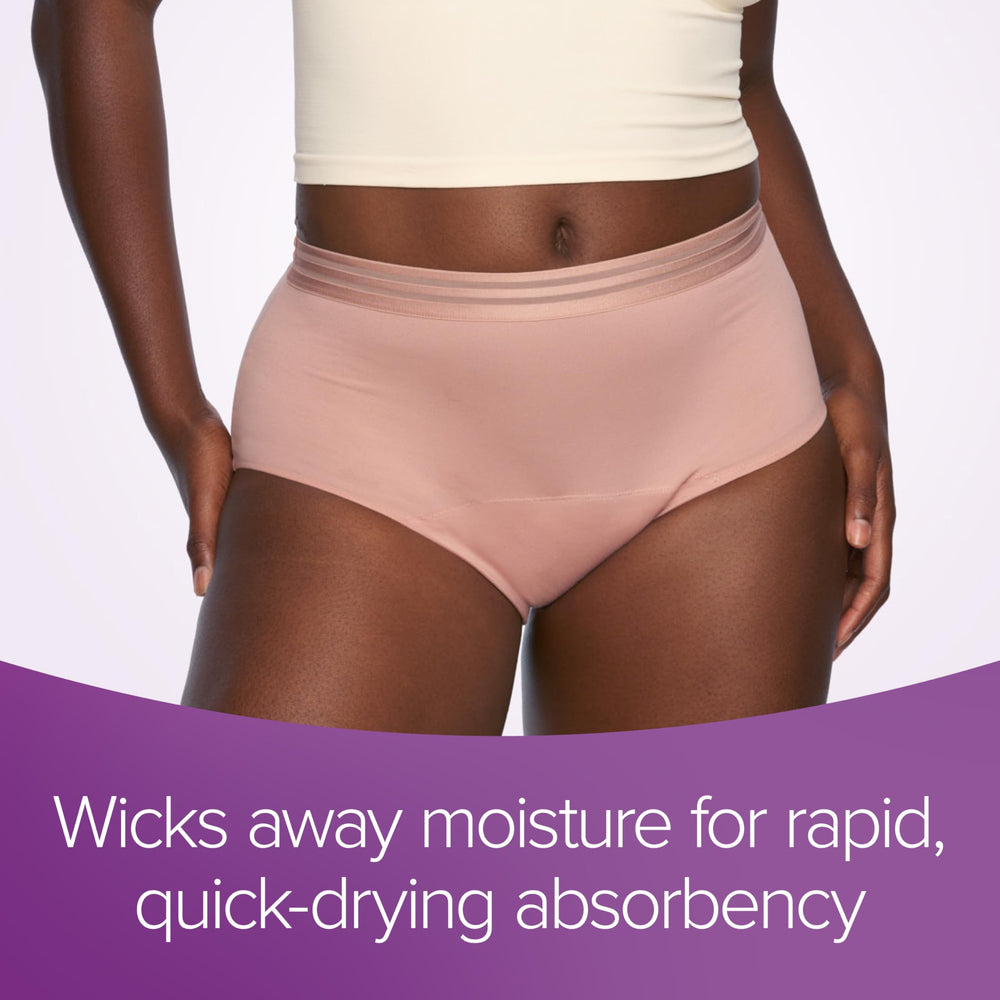 Size range from medium to 1XL shown for Poise underwear
