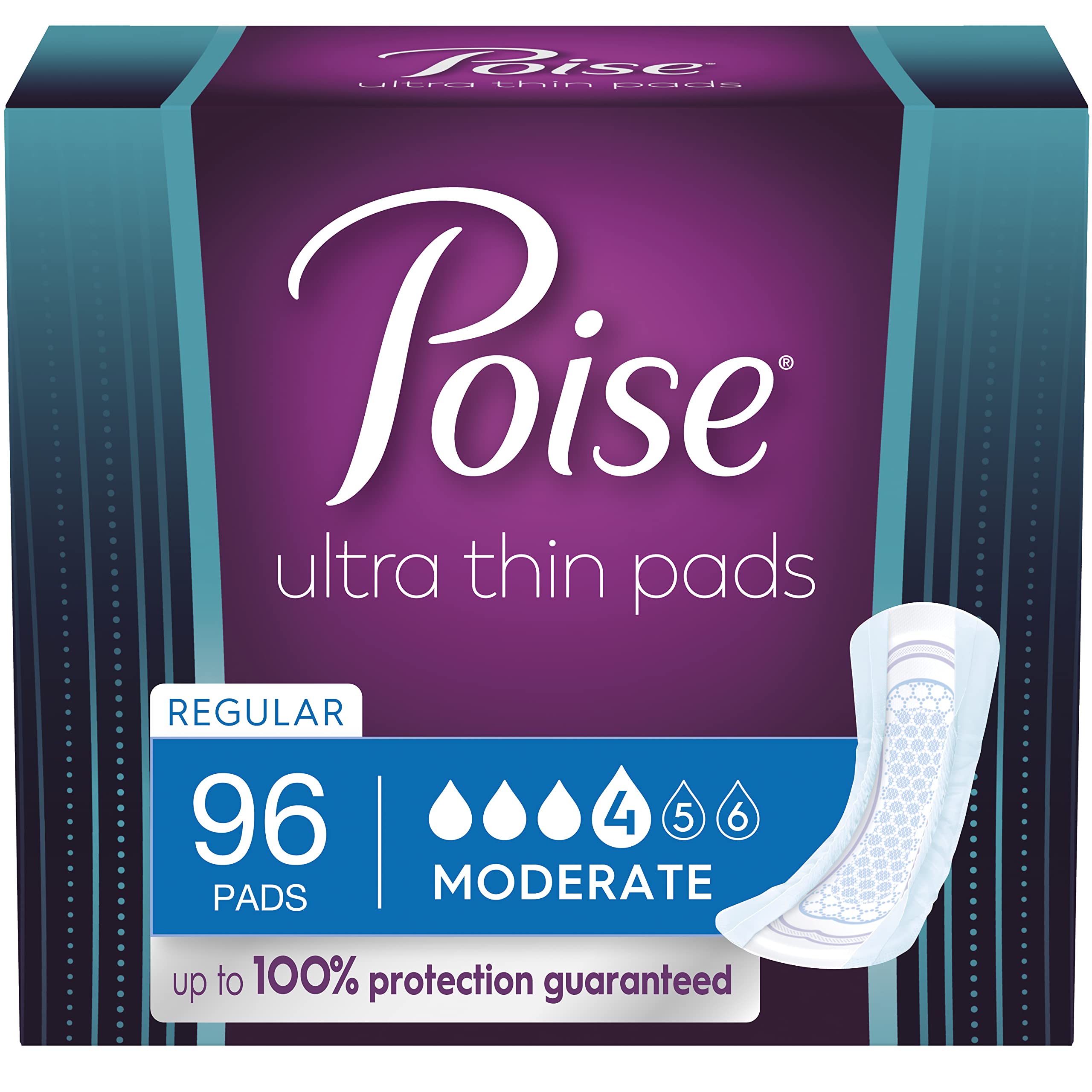 Poise Ultra Thin incontinence pad packaging shows discreet protection and 96-count value
