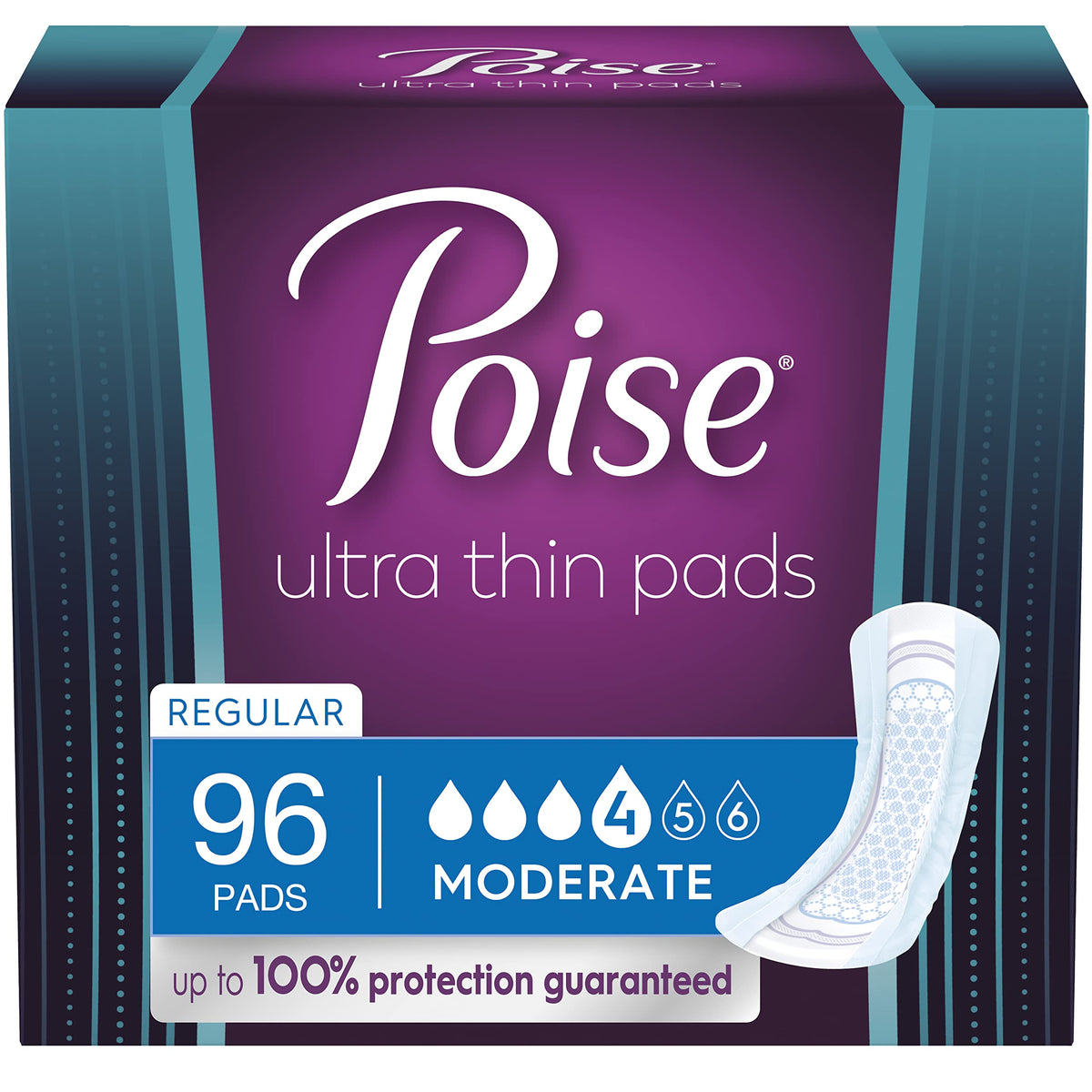 Poise Ultra Thin incontinence pad packaging shows discreet protection and 96-count value