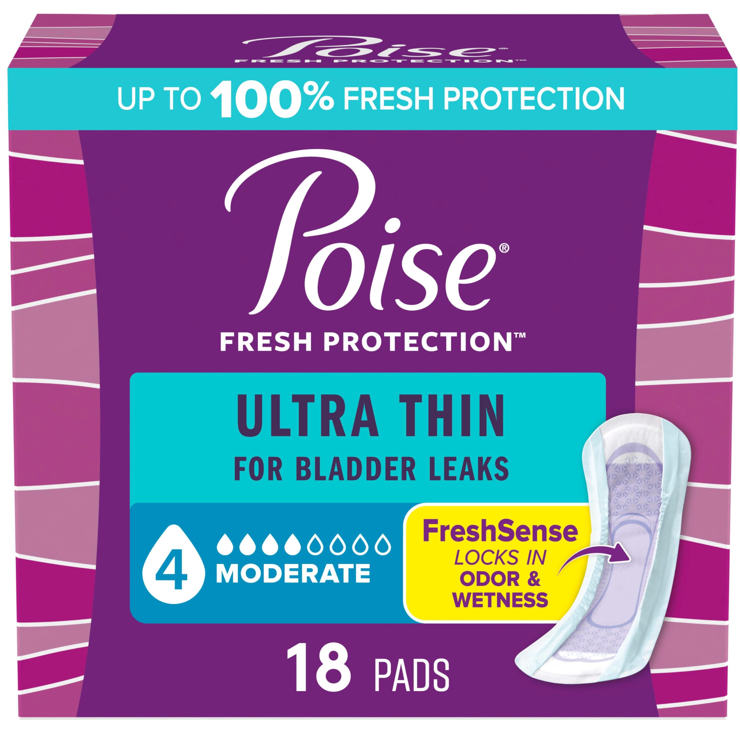 Poise Ultra Thin pads front view showing discreet protection for daily bladder leaks.