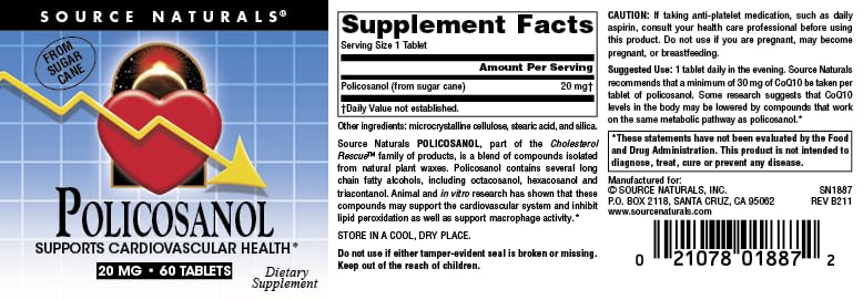 Policosanol bottle label detail with dosage and ingredients.