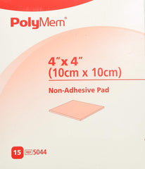 Polymem cloth wound dressing 4x4 with breathable backing for comfort.
