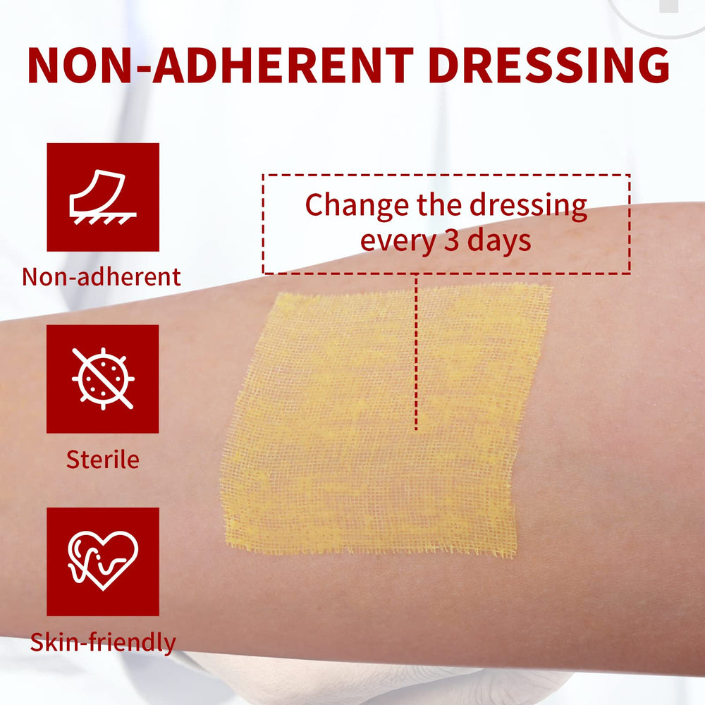 POLYNEW Xeroform suited for burns and abrasions with a non-adherent interface.