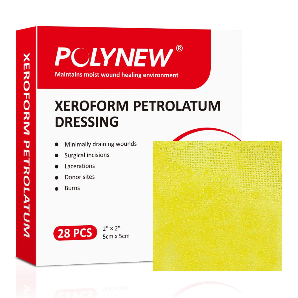 POLYNEW Xeroform 2x2 dressing shows petrolatum-infused gauze for wound care.