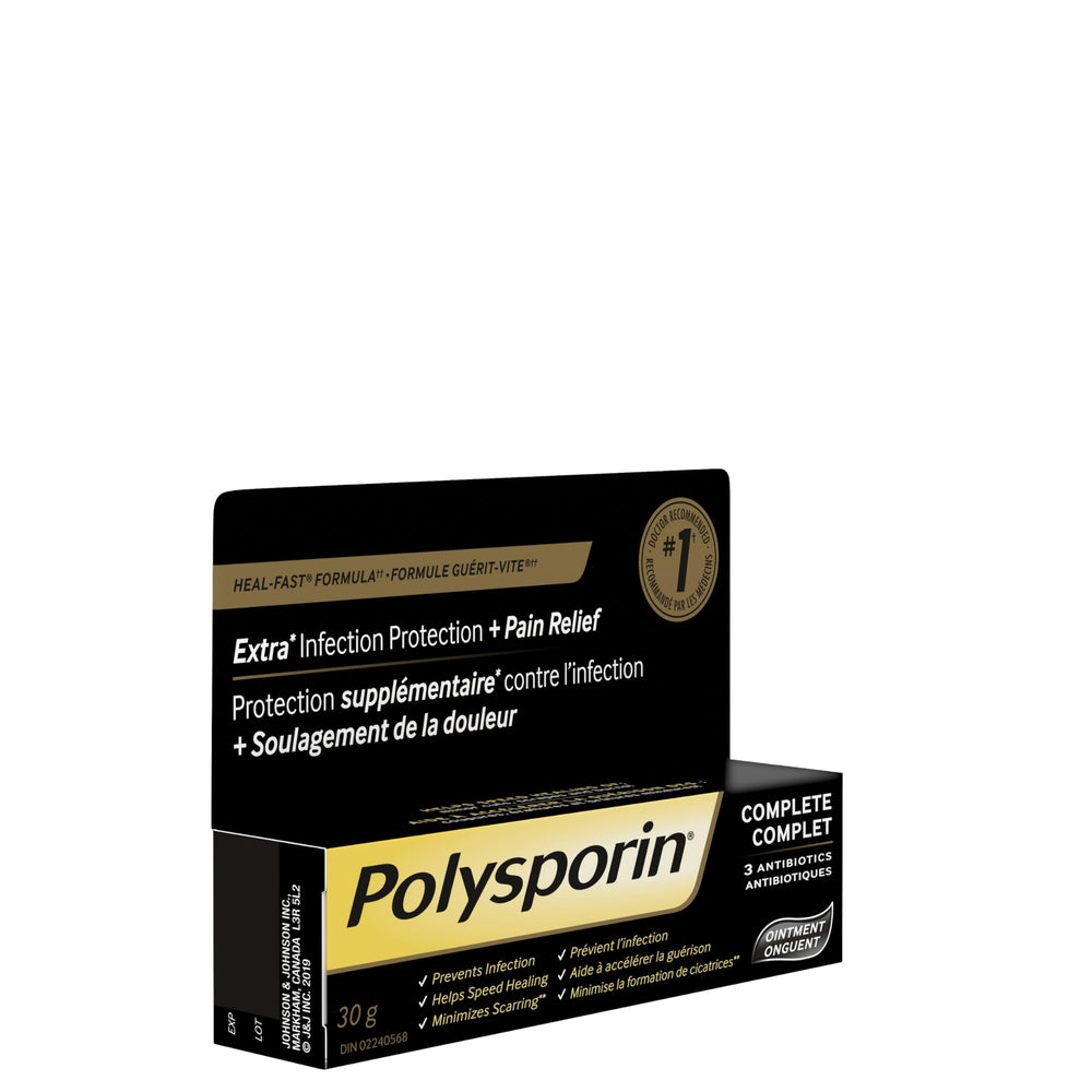 Detail of Polysporin label and cap branding for quick identification