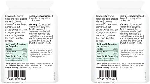 Close-up of Pomi-T capsules highlights the turmeric, broccoli, pomegranate, and green tea blend for daily antioxidant support.