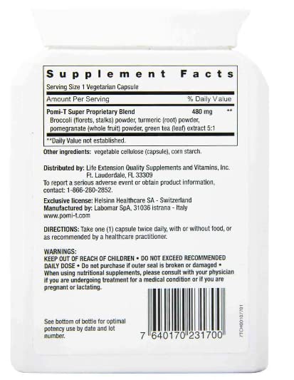 Pomi-T bottle back label detailing ingredients: pomegranate, green tea, turmeric, broccoli.