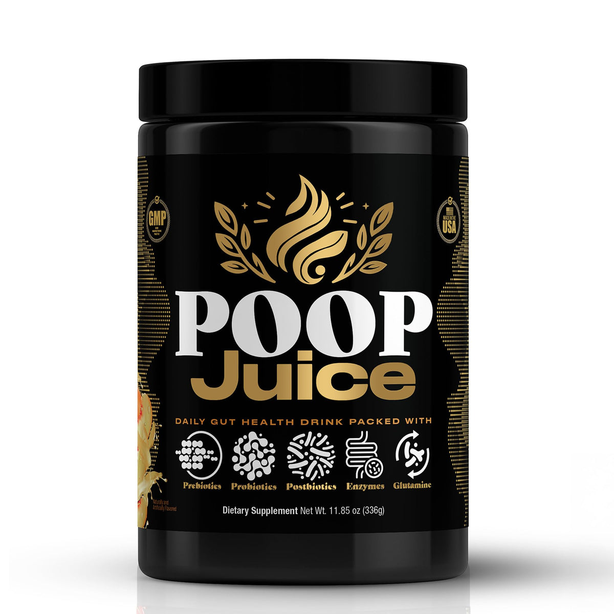 Poop Juice bottle front showing the 5-in-1 formula for gut health.