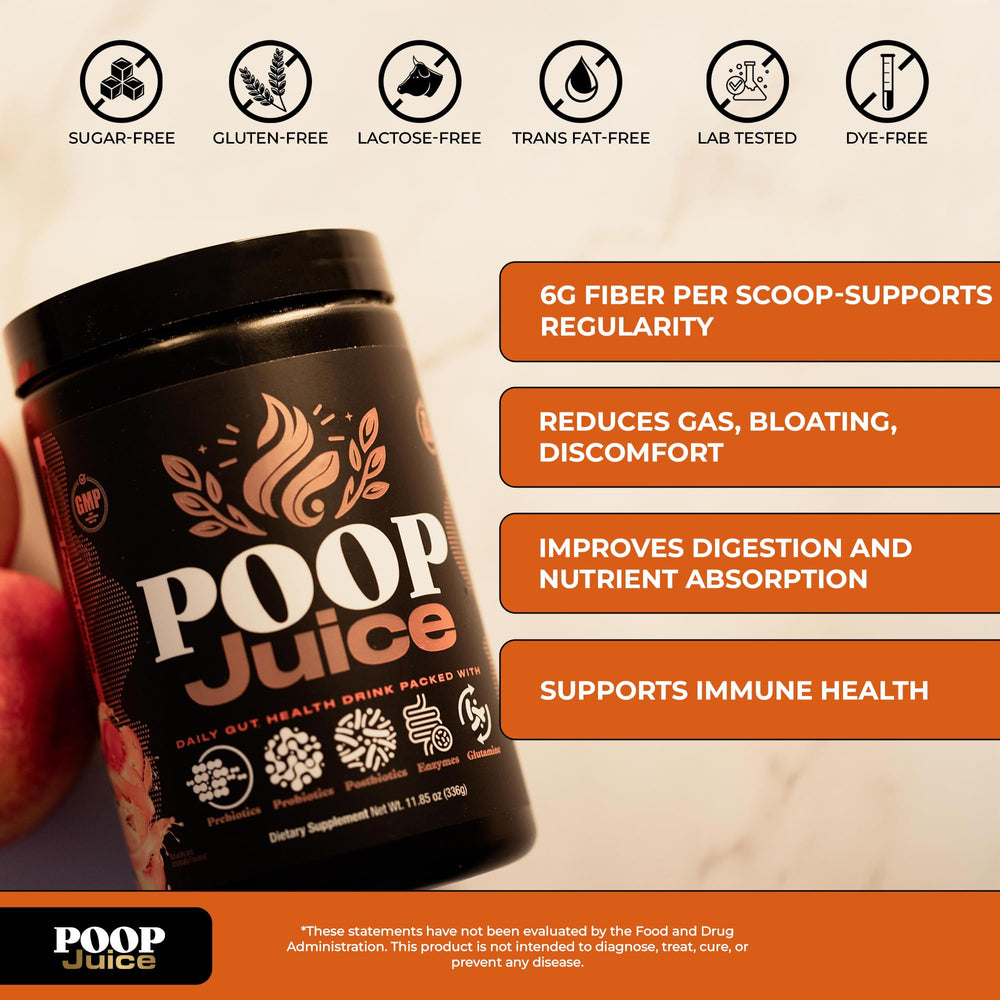 Poop Juice GLP1 prebiotic mix highlighting gut health support.