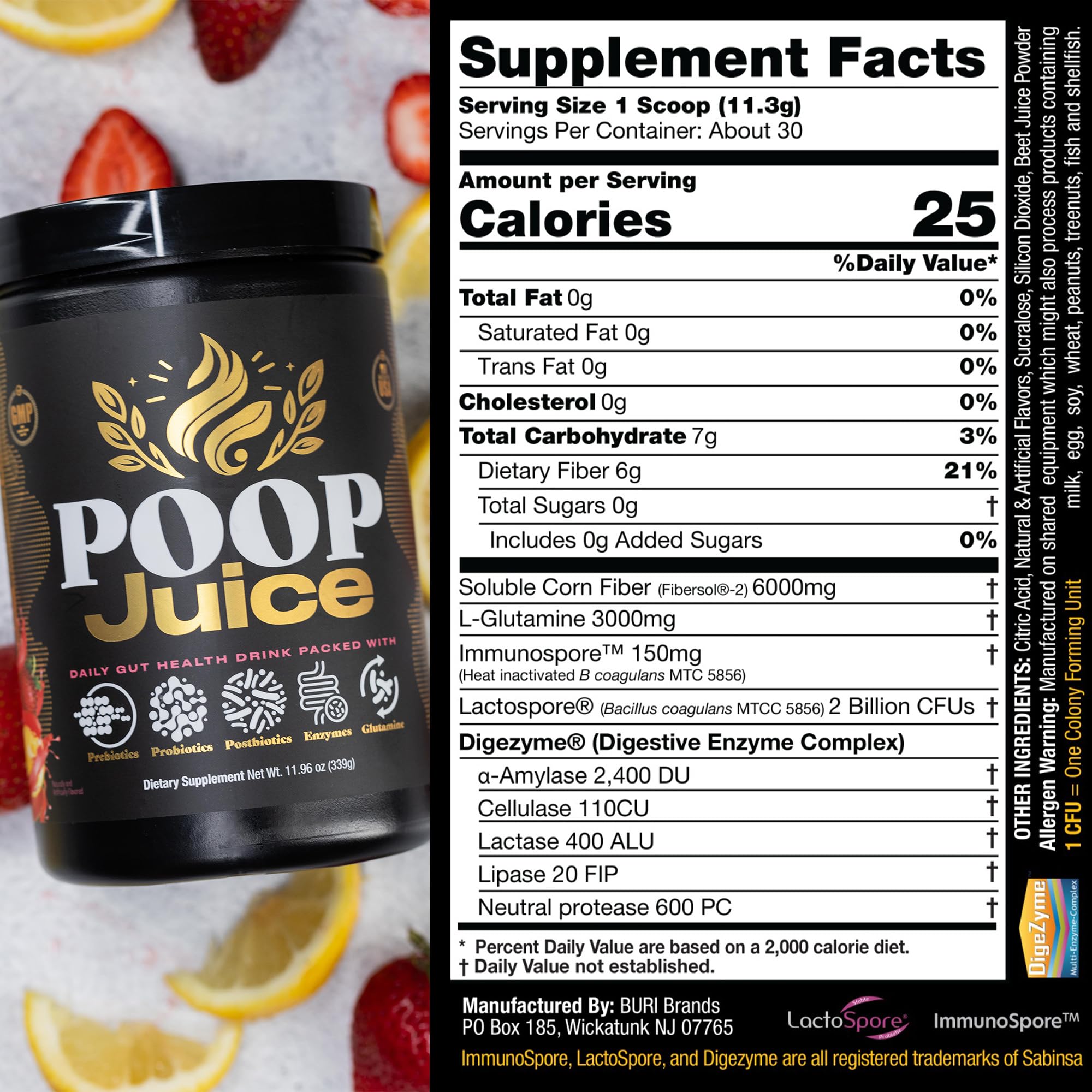 Poop Juice packaging front communicates sugar-free and gluten-free features.