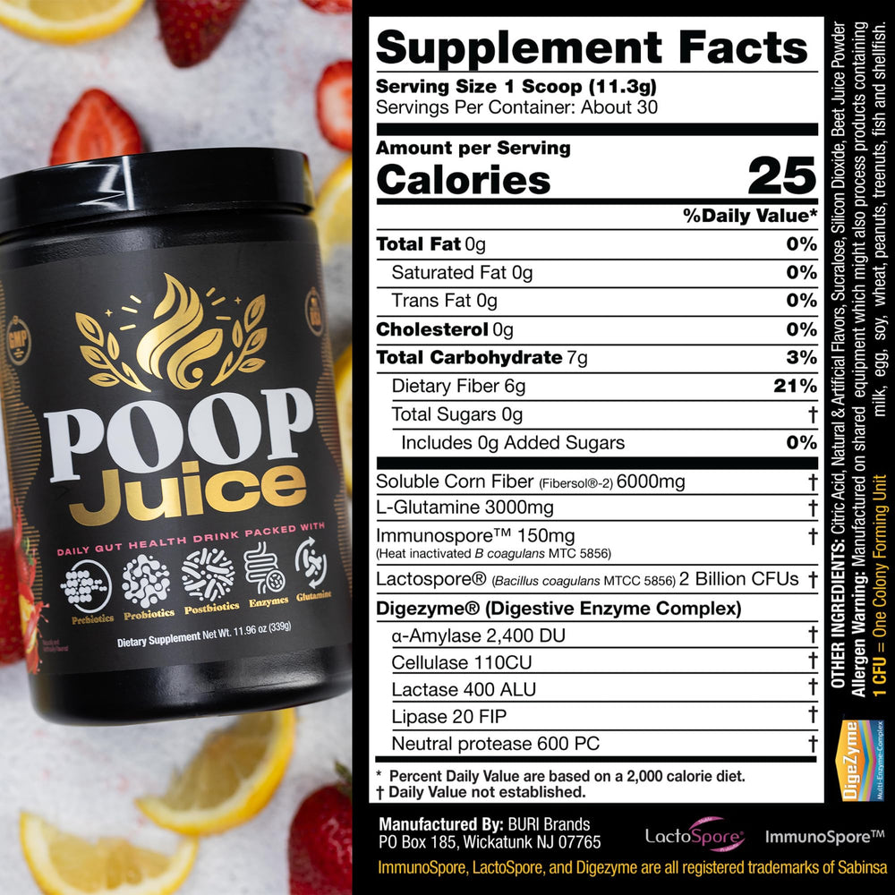 Poop Juice packaging front communicates sugar-free and gluten-free features.