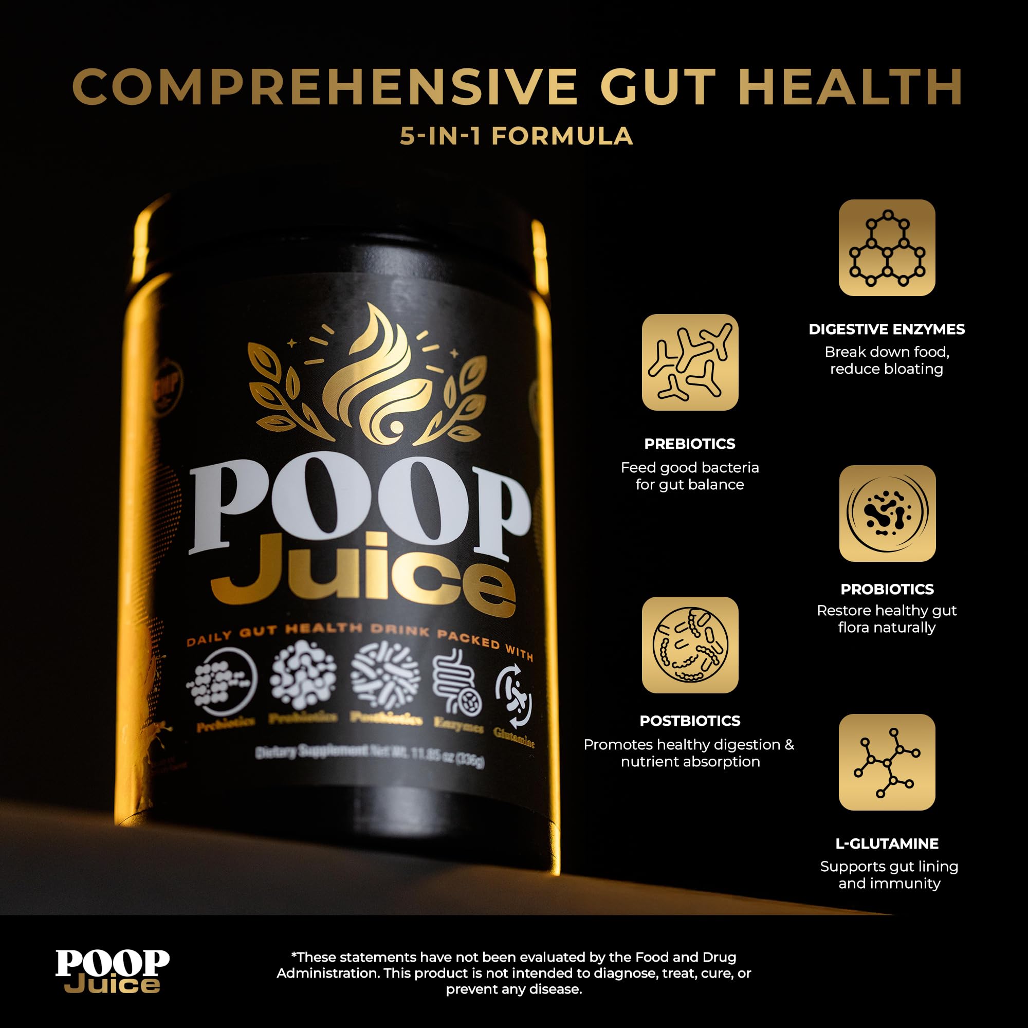 Poop Juice scoop pouring powder into a glass for daily use.