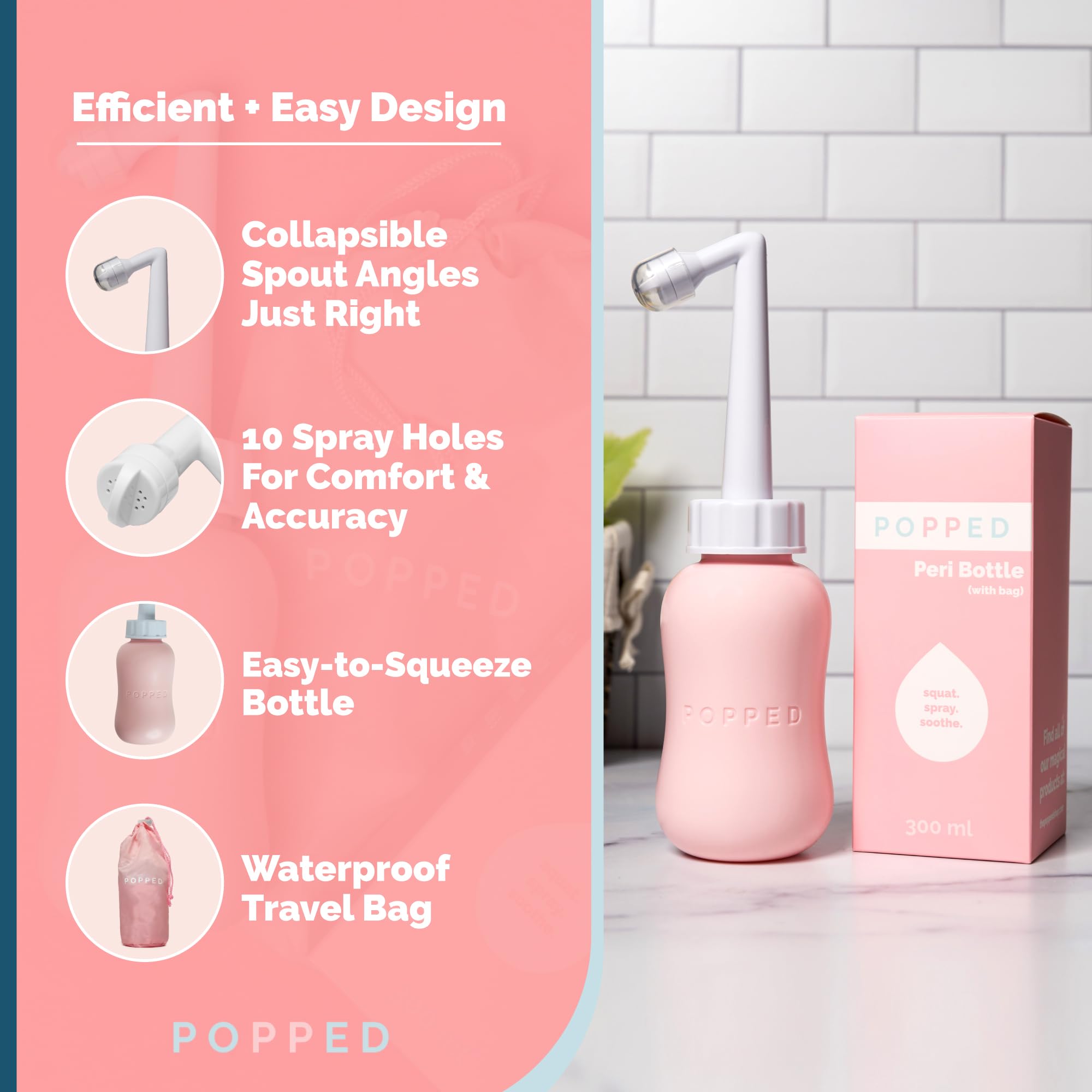 POPPED peri bottle and waterproof travel bag for discreet on-the-go care.