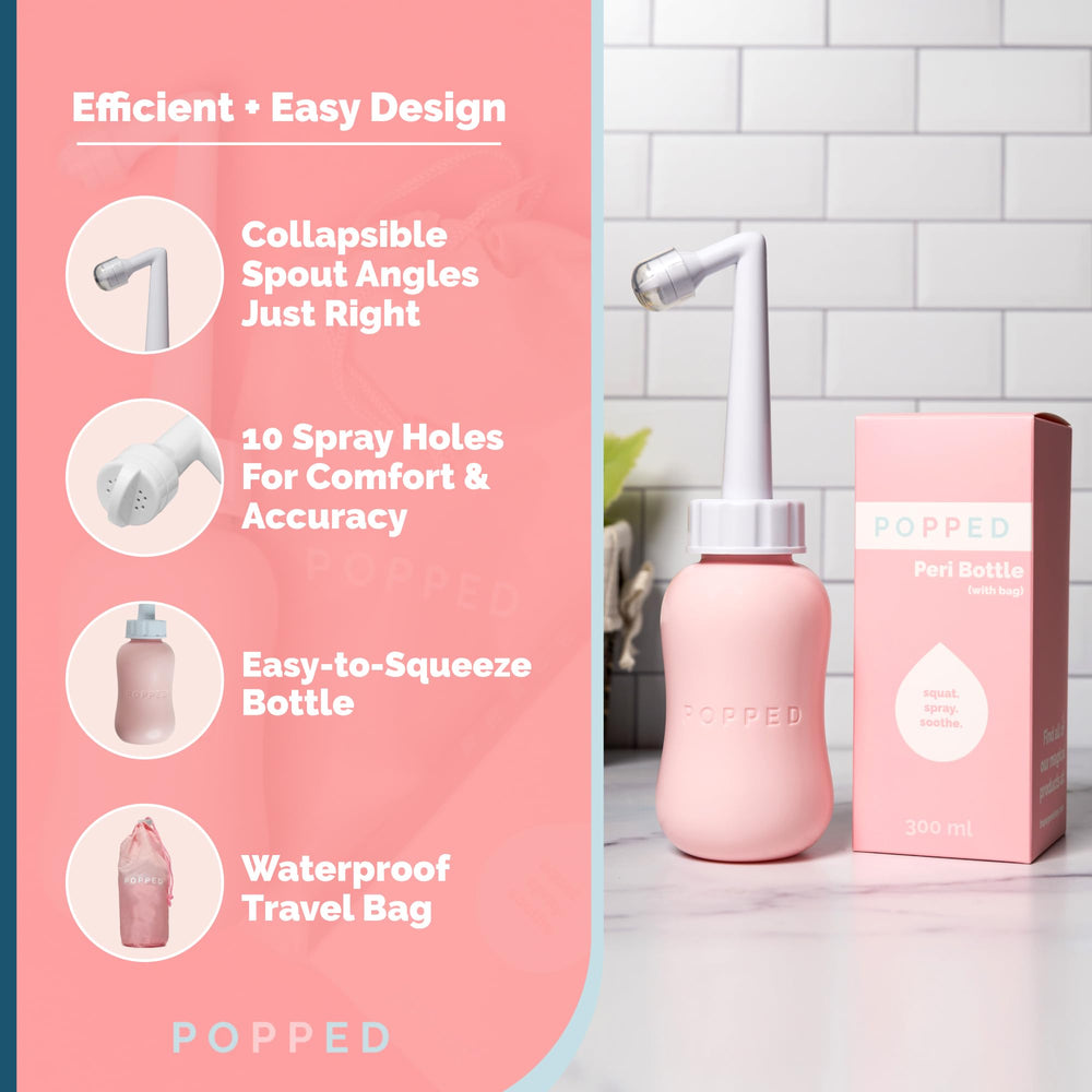 POPPED peri bottle and waterproof travel bag for discreet on-the-go care.