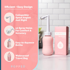 POPPED peri bottle and waterproof travel bag for discreet on-the-go care.