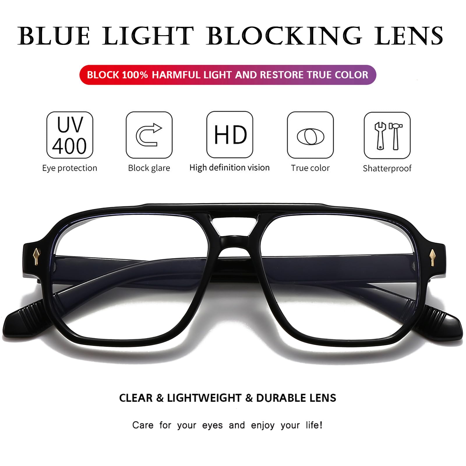 PORADAY unisex square frames with nose pads for comfortable all-day wear