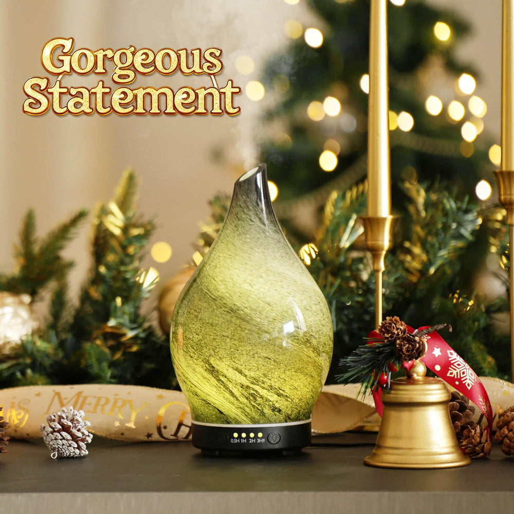 Porseme ultrasonic diffuser disperses a cool mist for aromatherapy sessions.