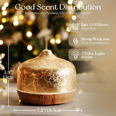 Porseme wood base with gold finish complements decor while releasing gentle mist.