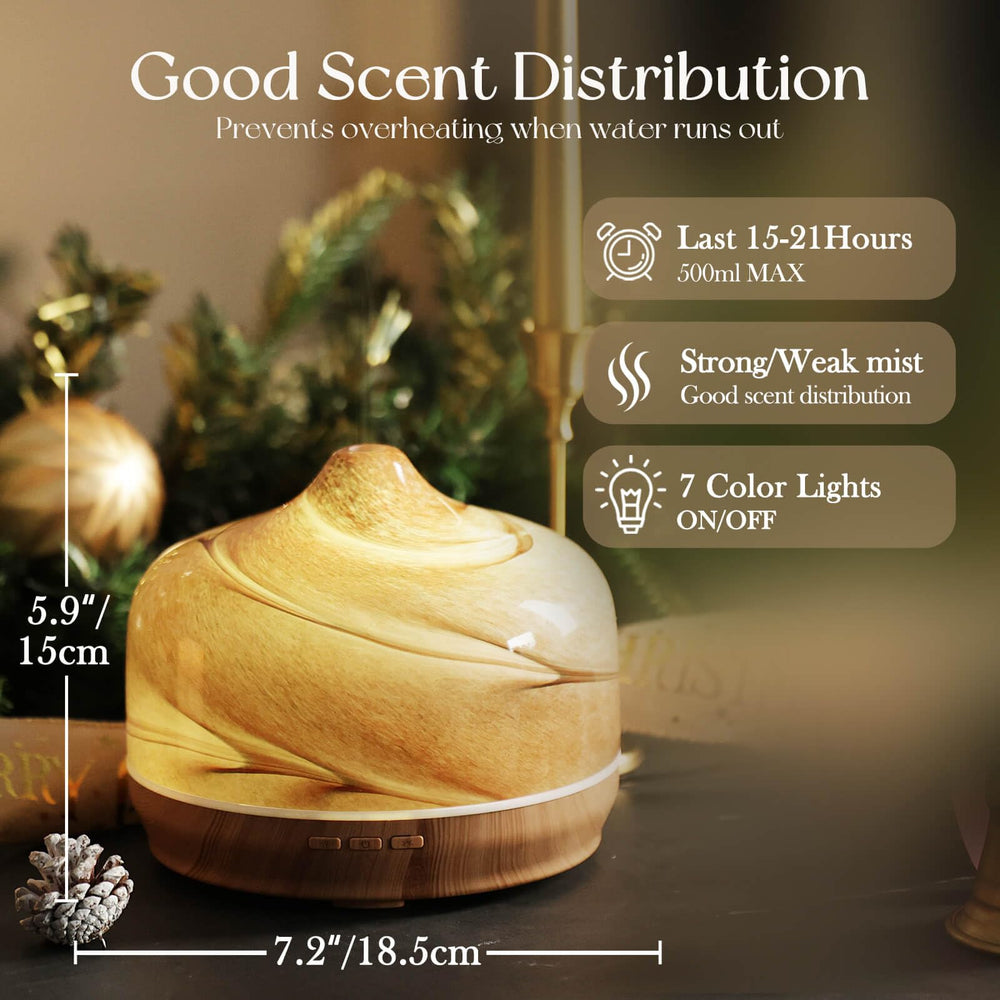 Porseme diffuser features a wood-grain base that complements home décor.