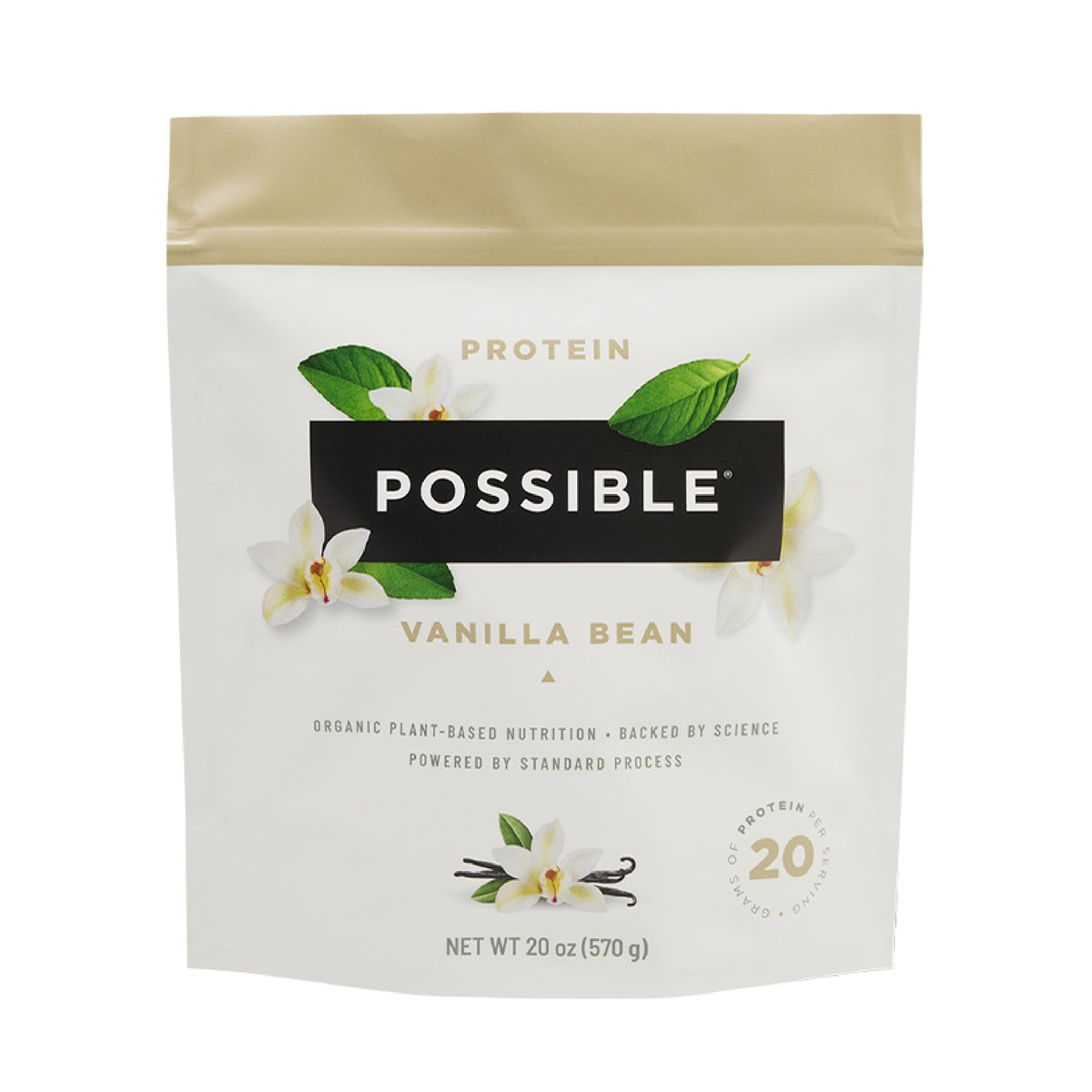 Possible Protein Powder Vanilla Bean bottle shows clean label and plant-based nutrition.