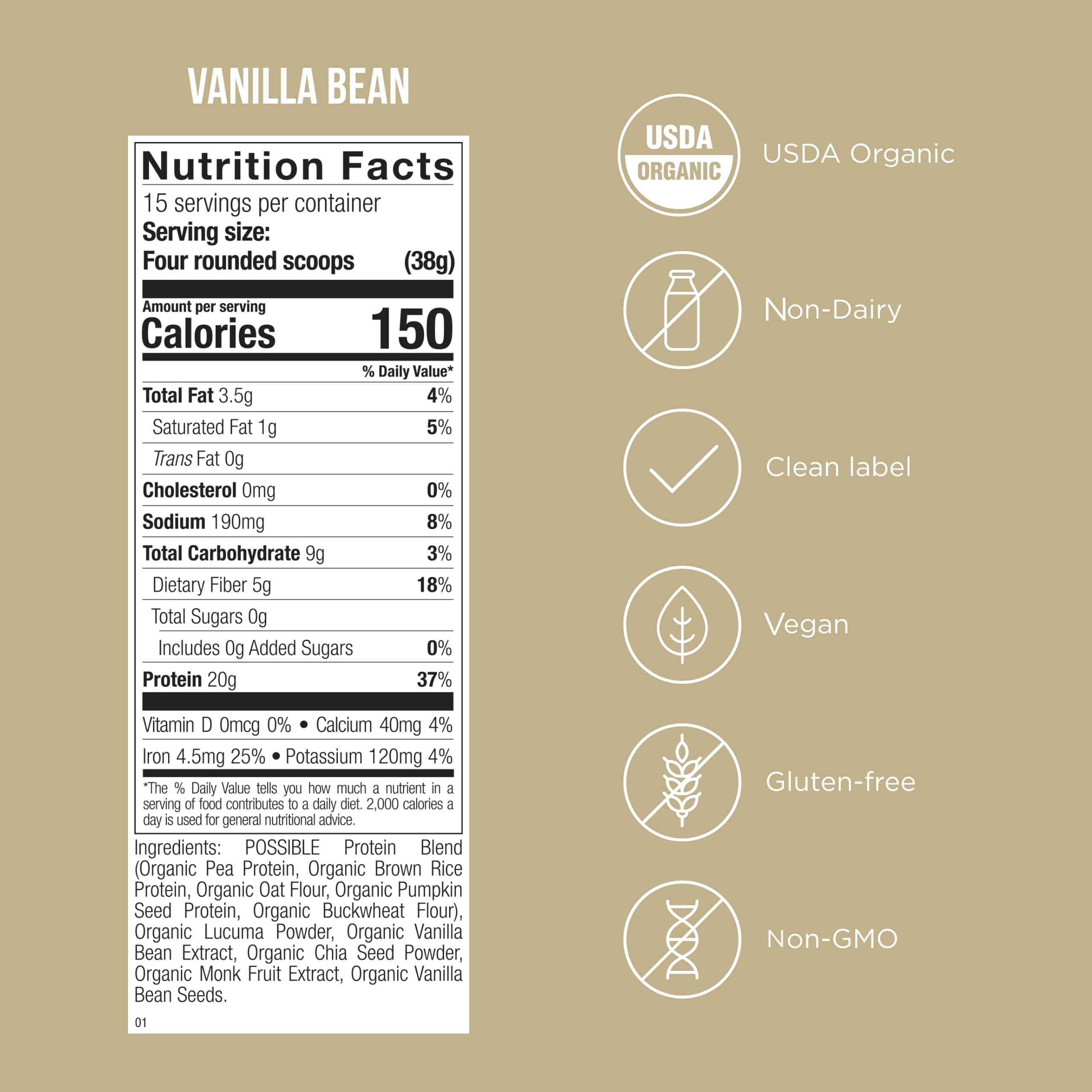 Possible Protein Powder Vanilla Bean scoop reveals 20g protein per serving for energy.