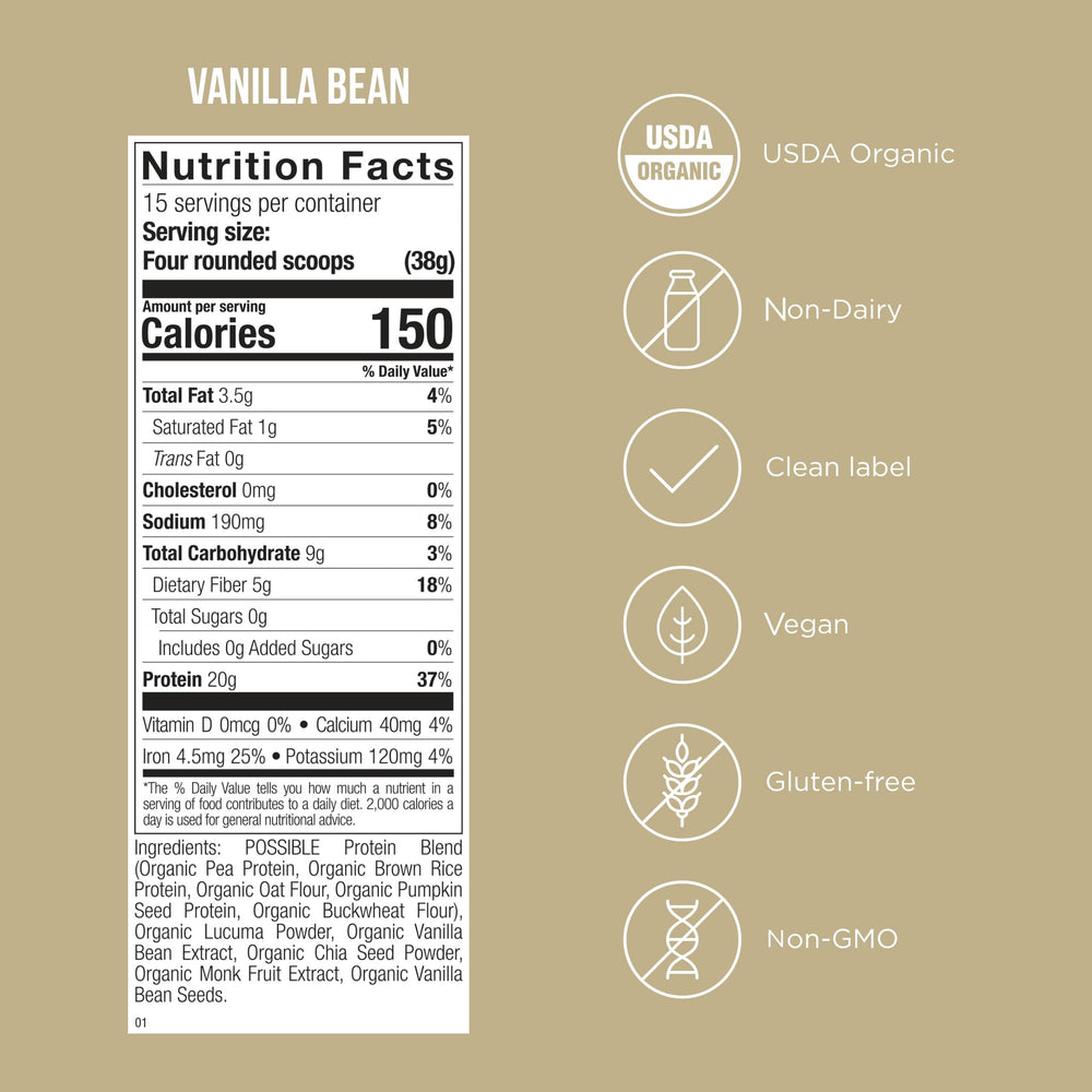 Possible Protein Powder Vanilla Bean scoop reveals 20g protein per serving for energy.