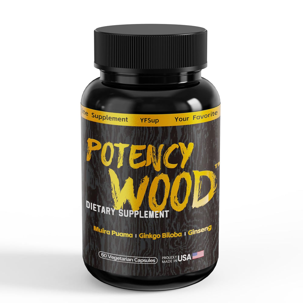 Potency Wood bottle front view promotes natural energy and vitality.