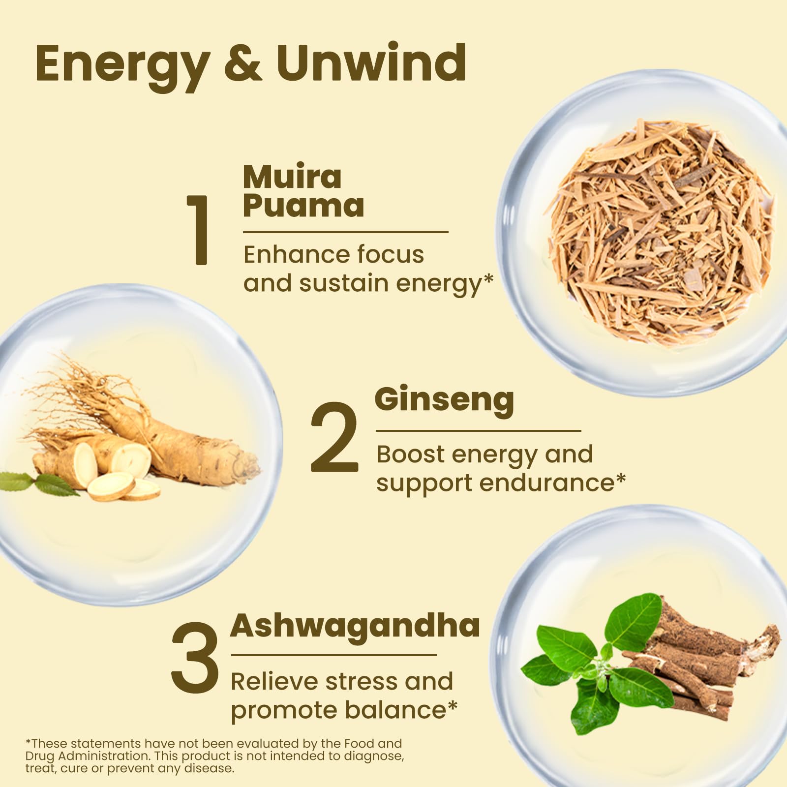 Potency Wood ingredients panel showcases herbal adaptogens for immune support.