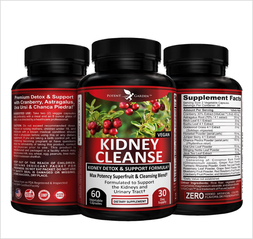 Potent Garden Kidney Cleanse bottle with glass of water for daily detox ritual.