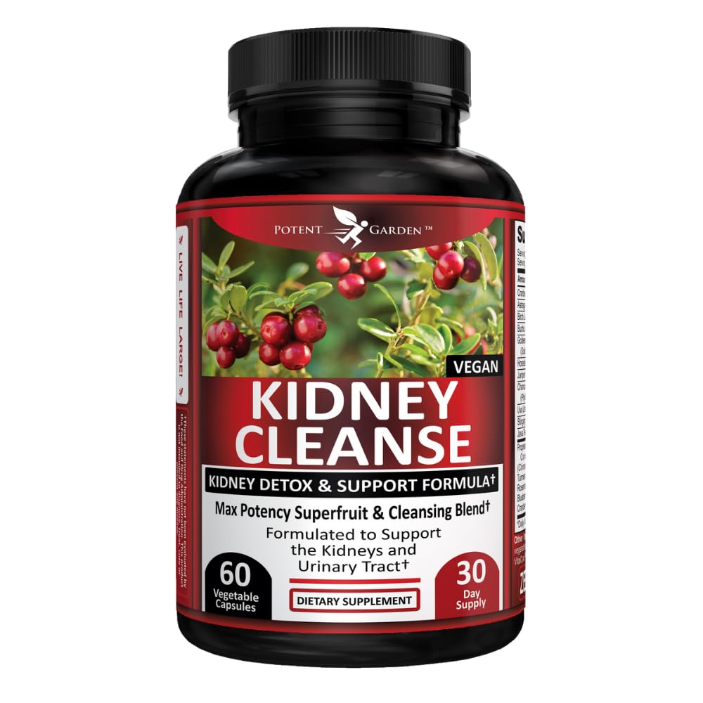 Potent Garden Kidney Cleanse bottle and capsules suggesting kidney support.