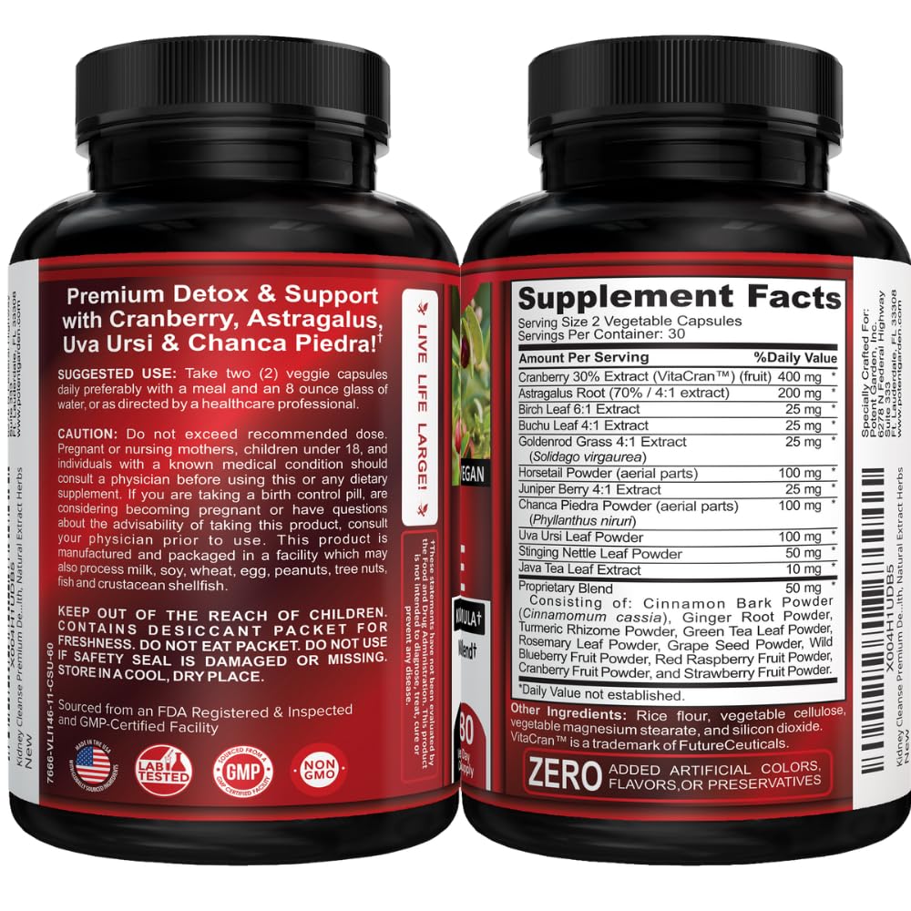 Potent Garden Kidney Cleanse capsules on white background emphasizing vegan formulation.
