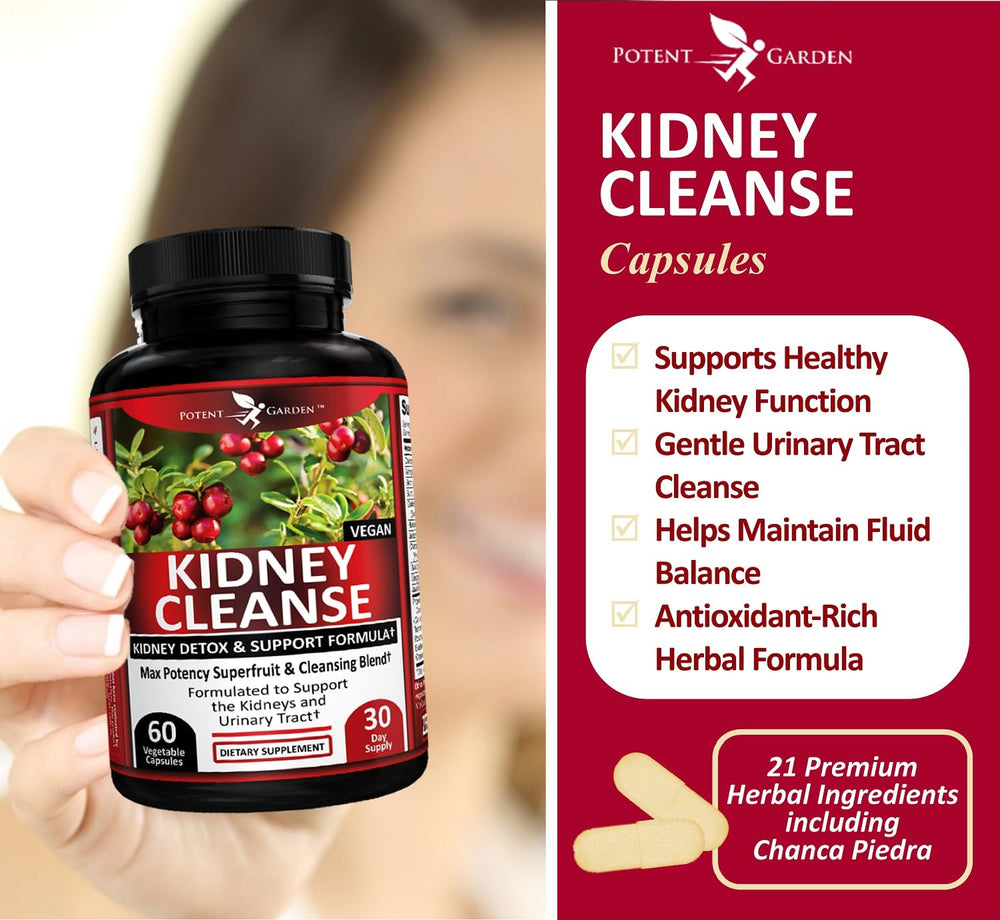 Potent Garden Kidney Cleanse bottle with herbs illustrating a balanced herbal blend.