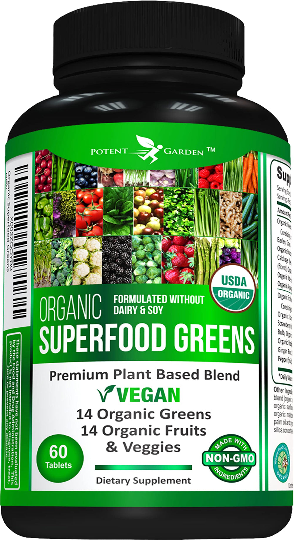 Potent Garden organic greens bottle top view for quick daily energy support