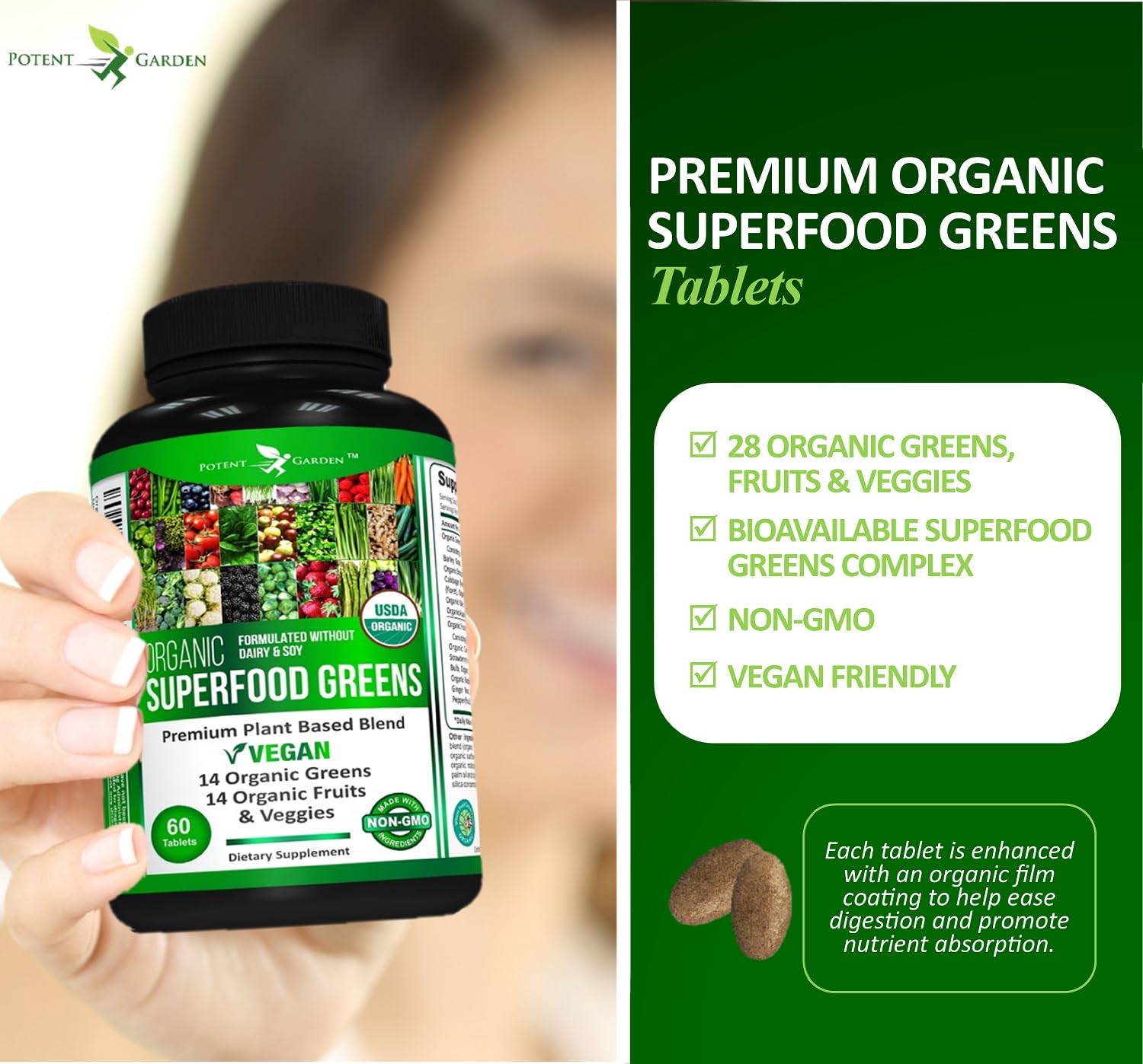 Potent Garden greens close-up shows spirulina kale broccoli spinach for nutrition