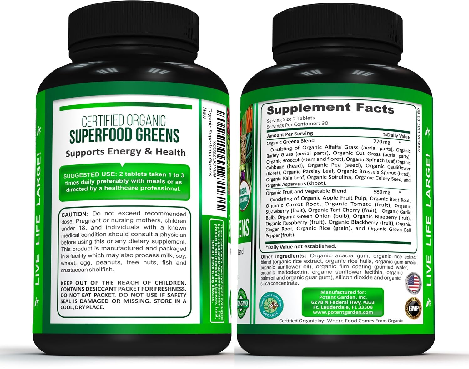 Potent Garden USDA Organic label front communicates clean plant-based quality