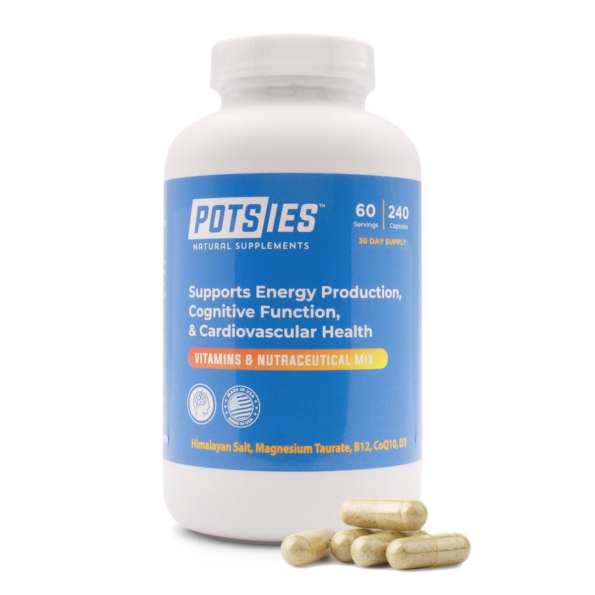 Potsies POTS capsules close-up, compact daily energy and focus support