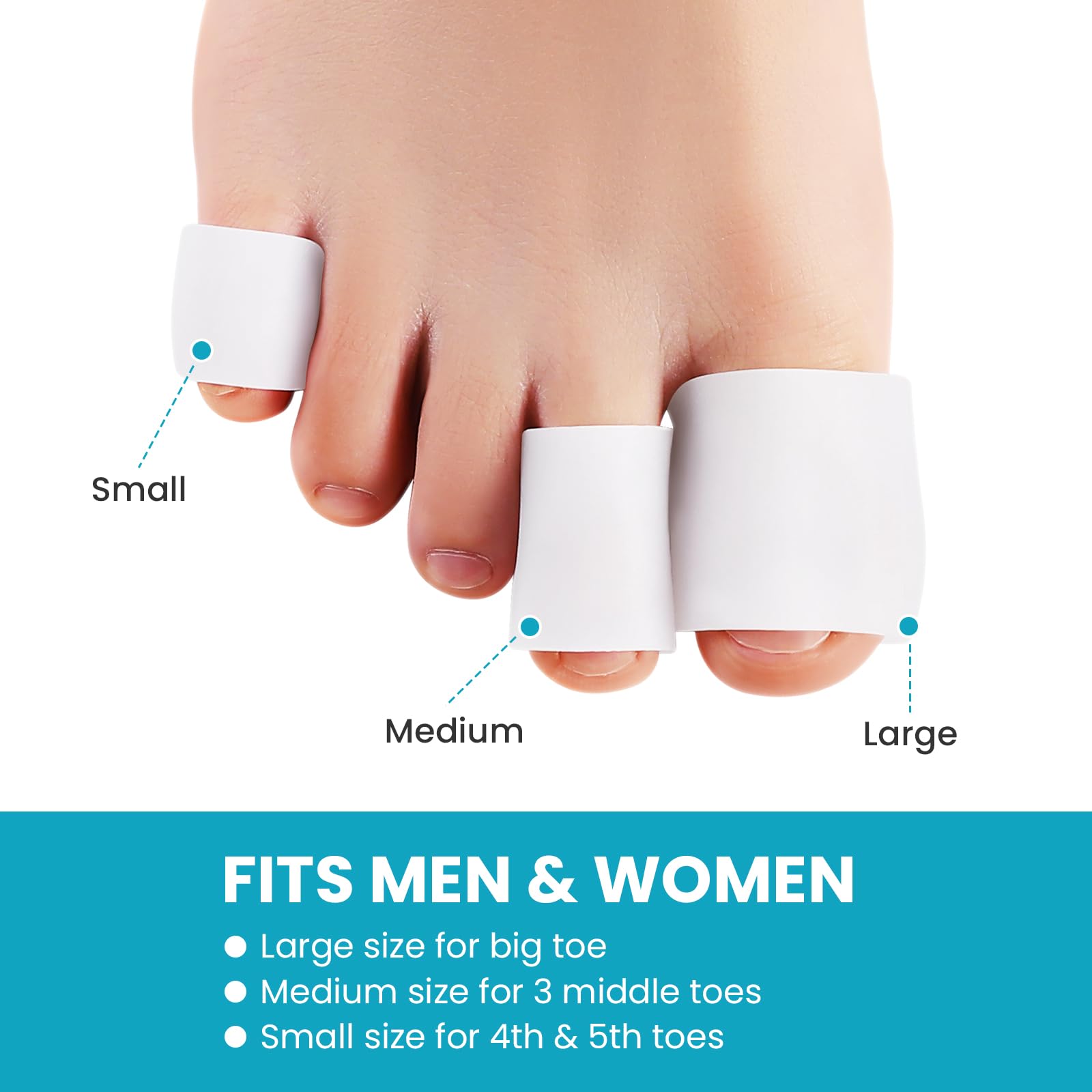Povihome silicone toe pads stretch to fit, reducing blister risk during activities.
