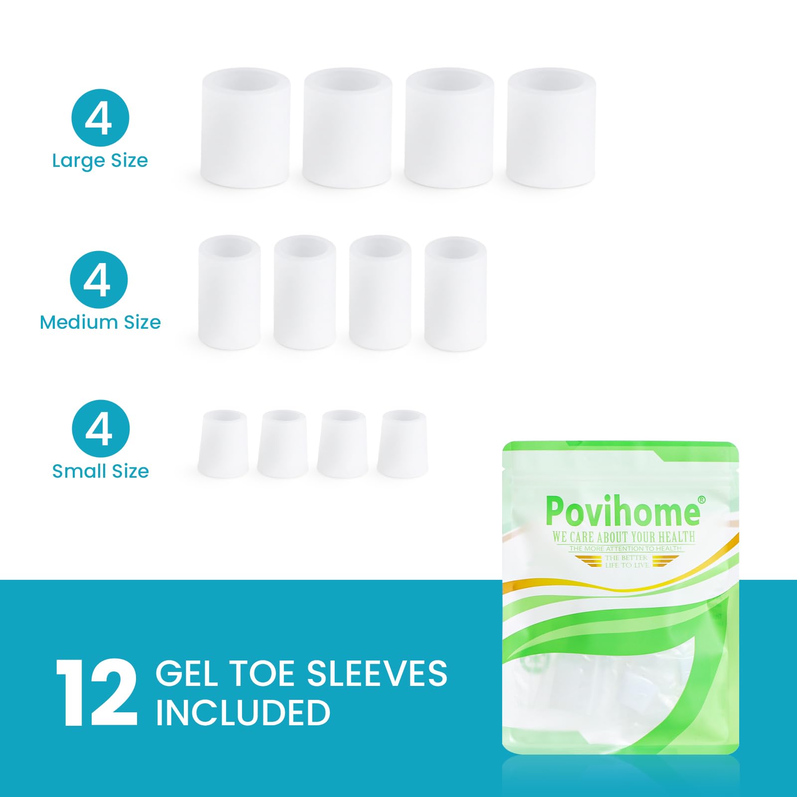 Povihome toe sleeve packaging emphasizes long-term use and easy care.