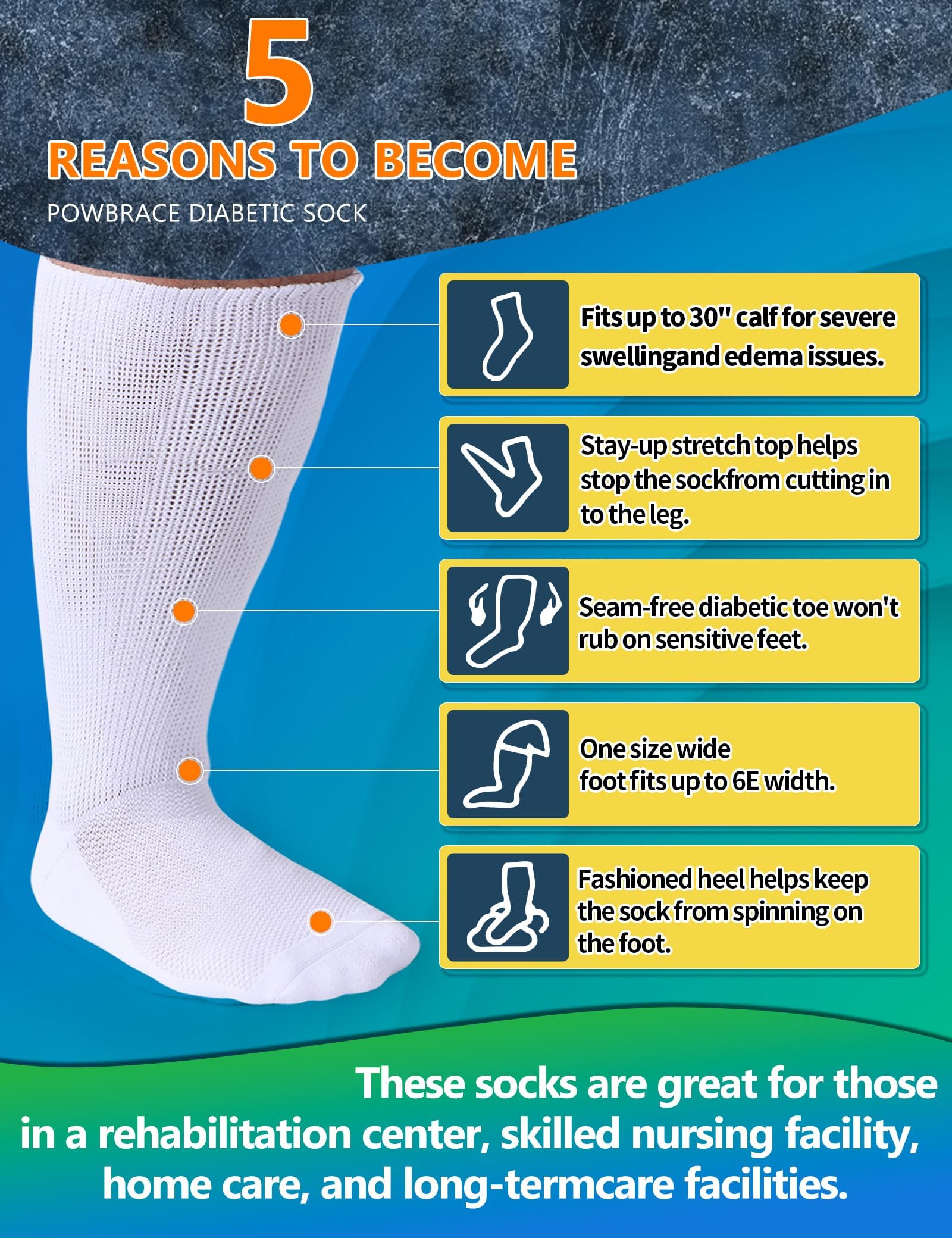 Powbrace edema socks provide all-day wear with a non-binding top.