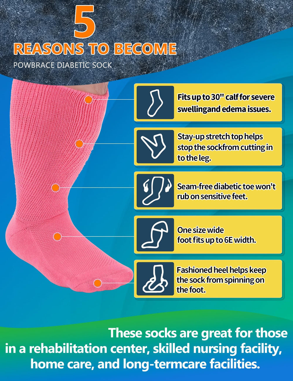 Powbrace pink diabetic socks with anti-slip top for secure wear