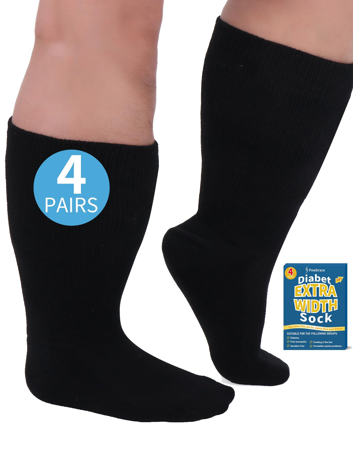Powbrace wide diabetic socks packaging shows a convenient multi-pack for daily use.
