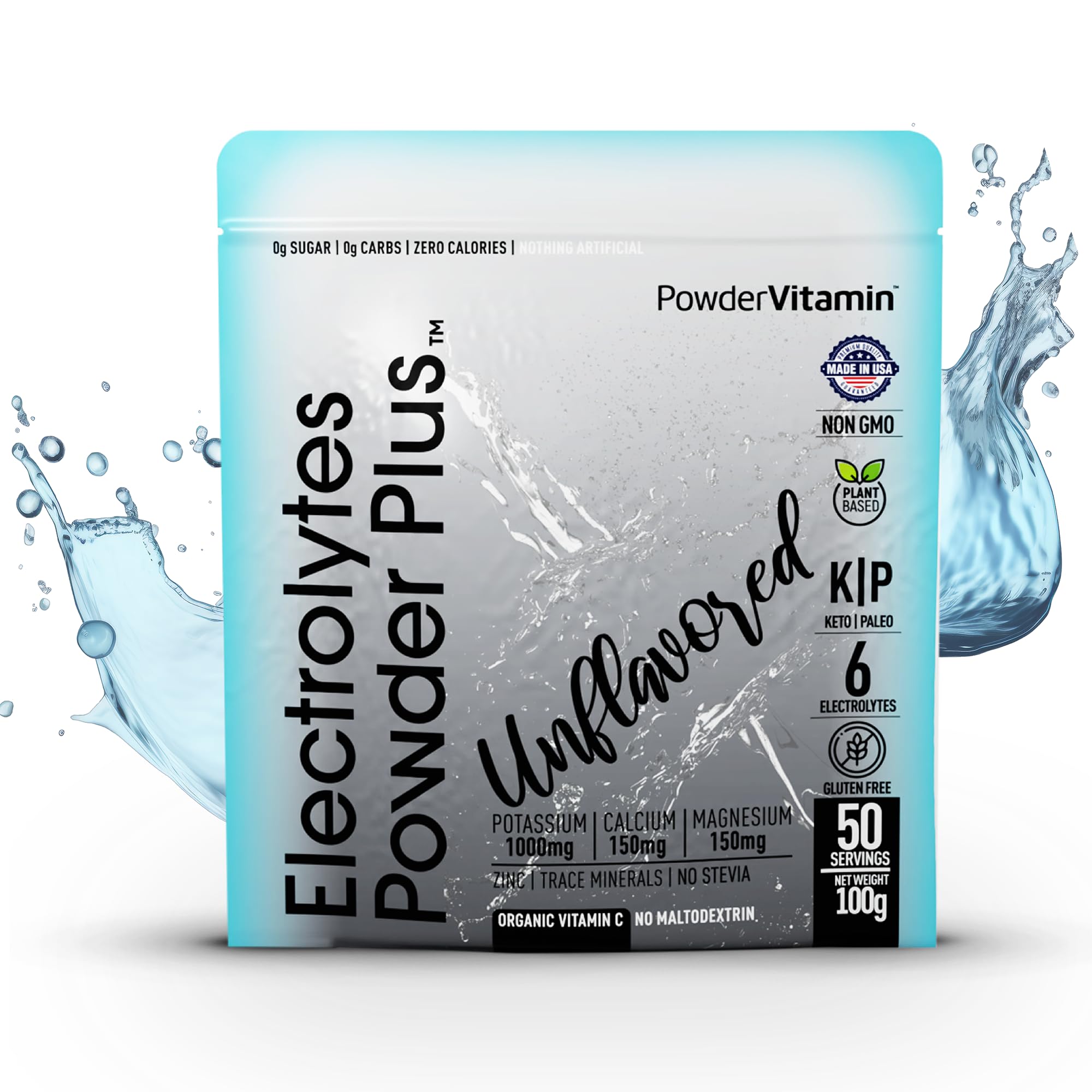 PowderVitamin Electrolytes 1000mg potassium badge signals mineral support per serving.