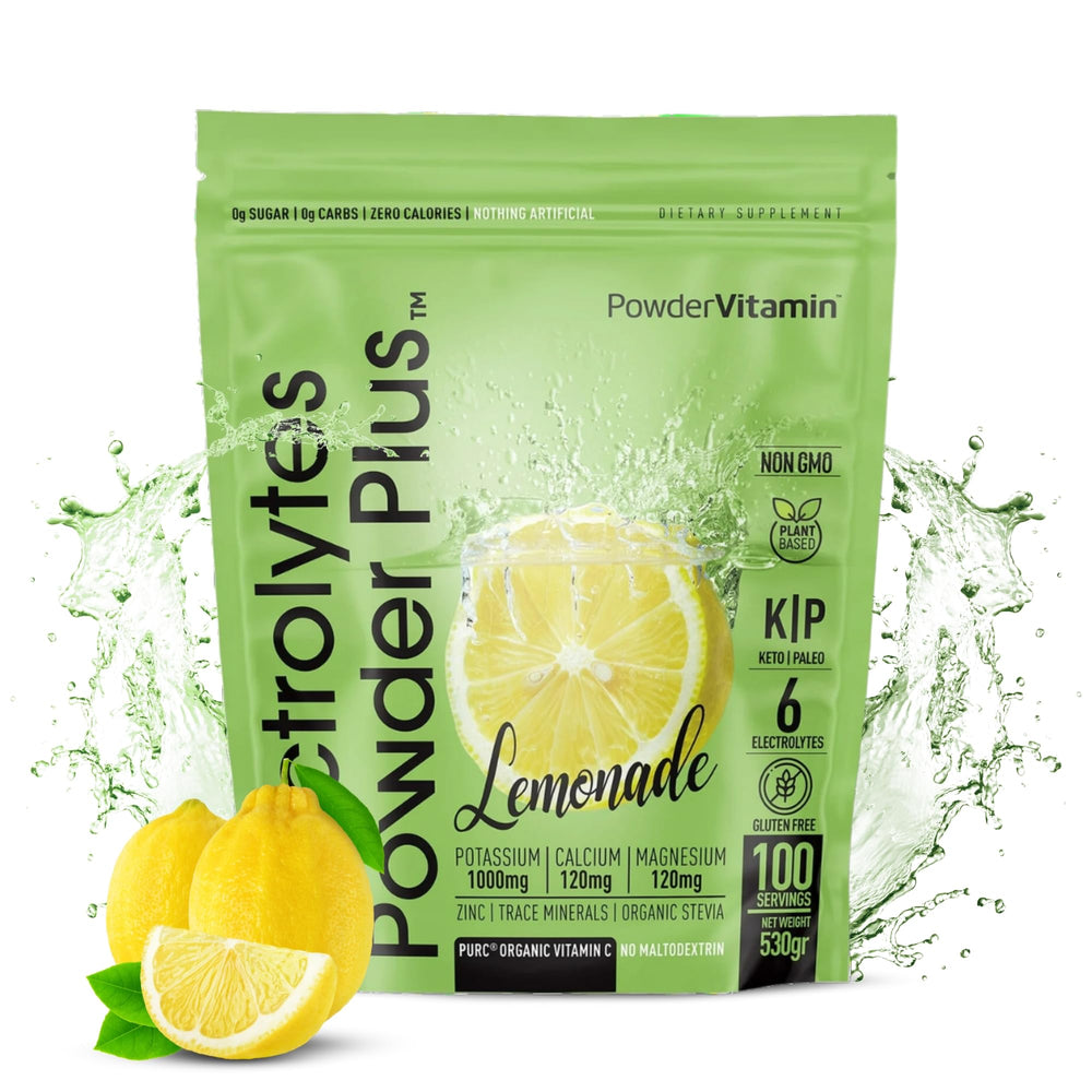 PowderVitamin electrolytes lemonade bottle pour supports on-the-go hydration