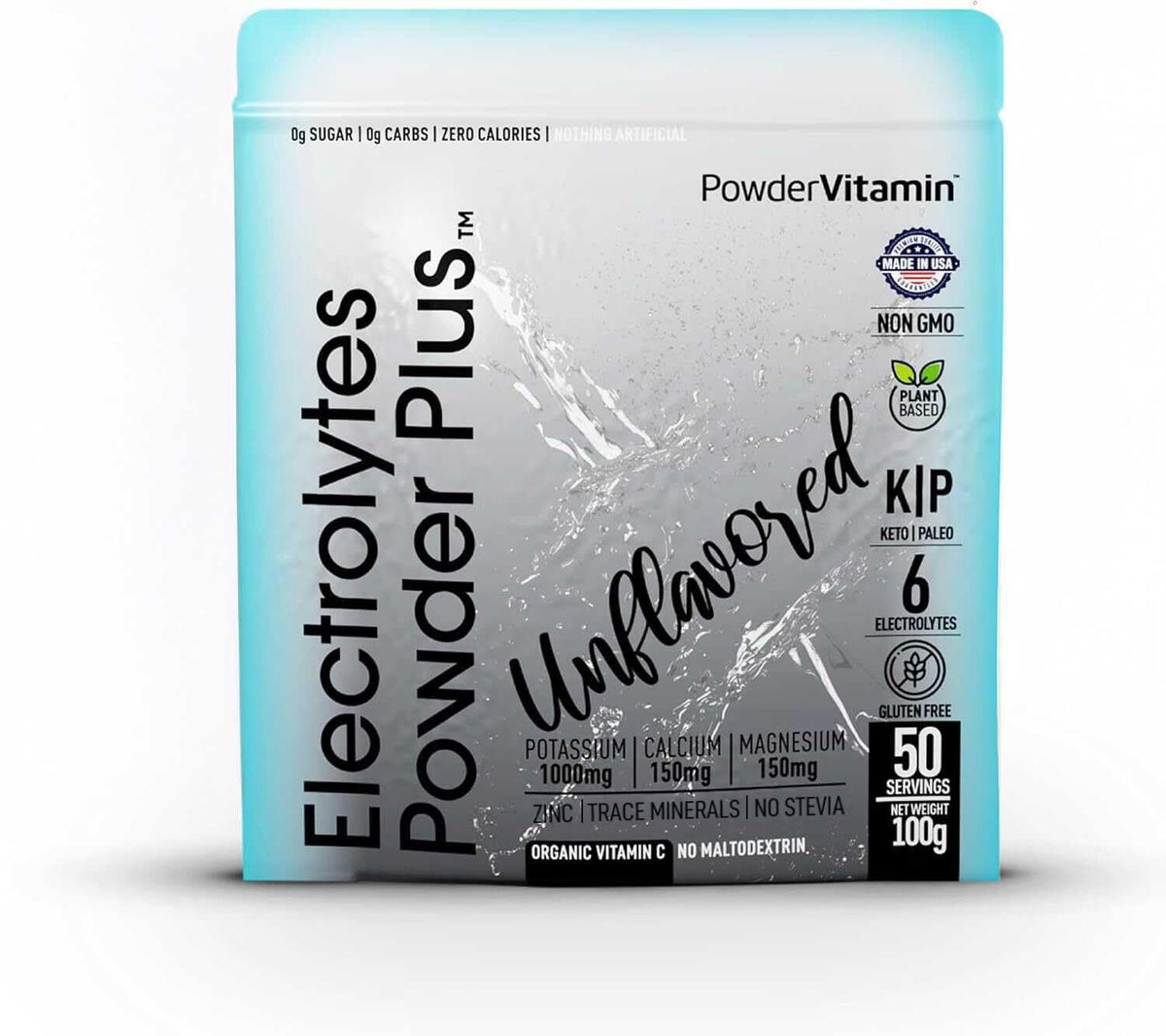 PowderVitamin Electrolytes Powder Plus bottle closeup highlighting high potassium for hydration.