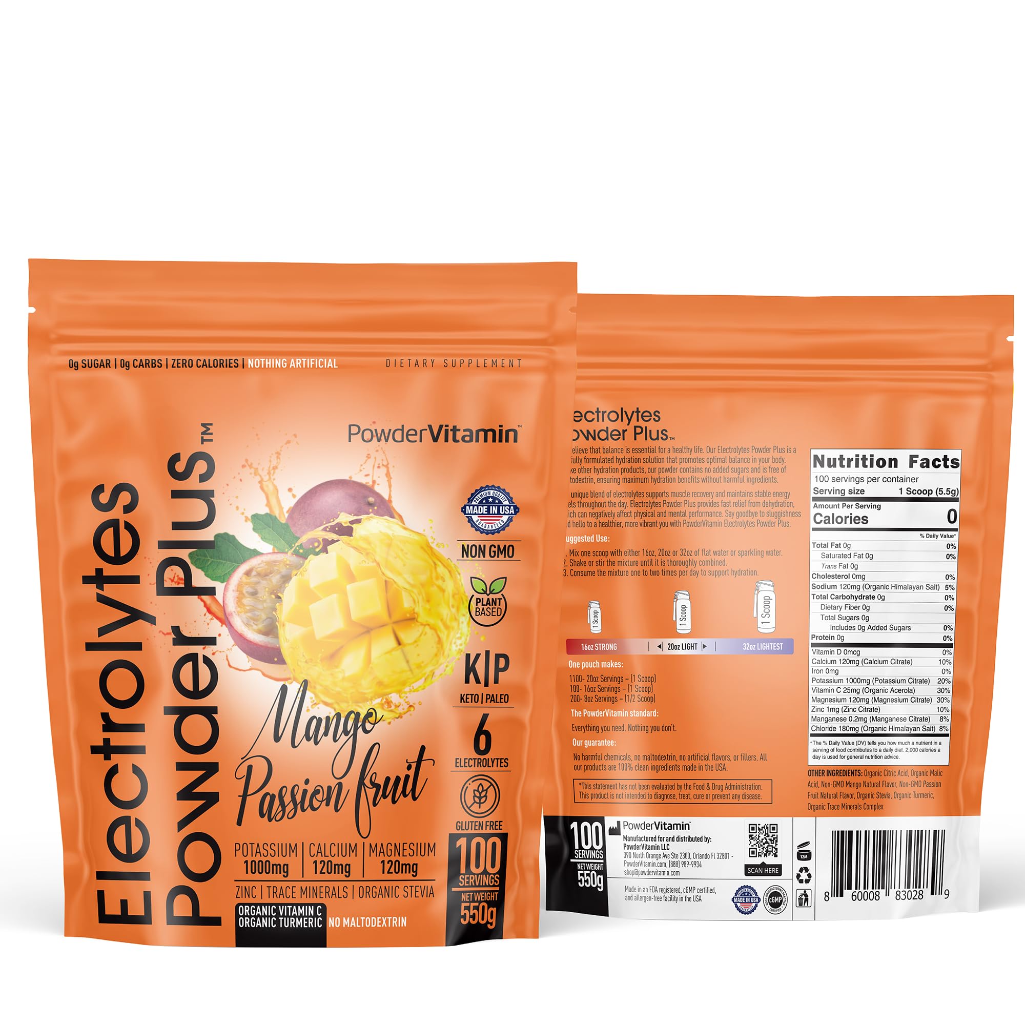 PowderVitamin Electrolytes Powder Plus mango passionfruit tub front for zero-calorie hydration